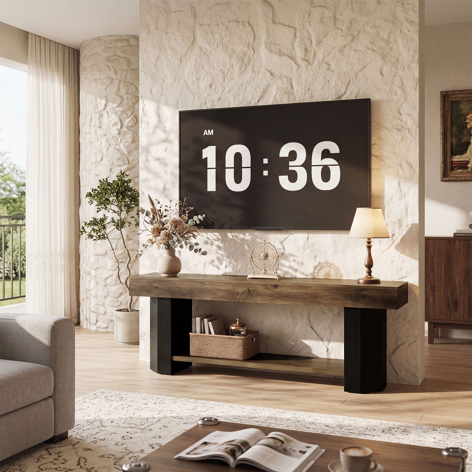 Tribesigns 63" TV Stand, Farmhouse TV Console with Shelf for Living Room