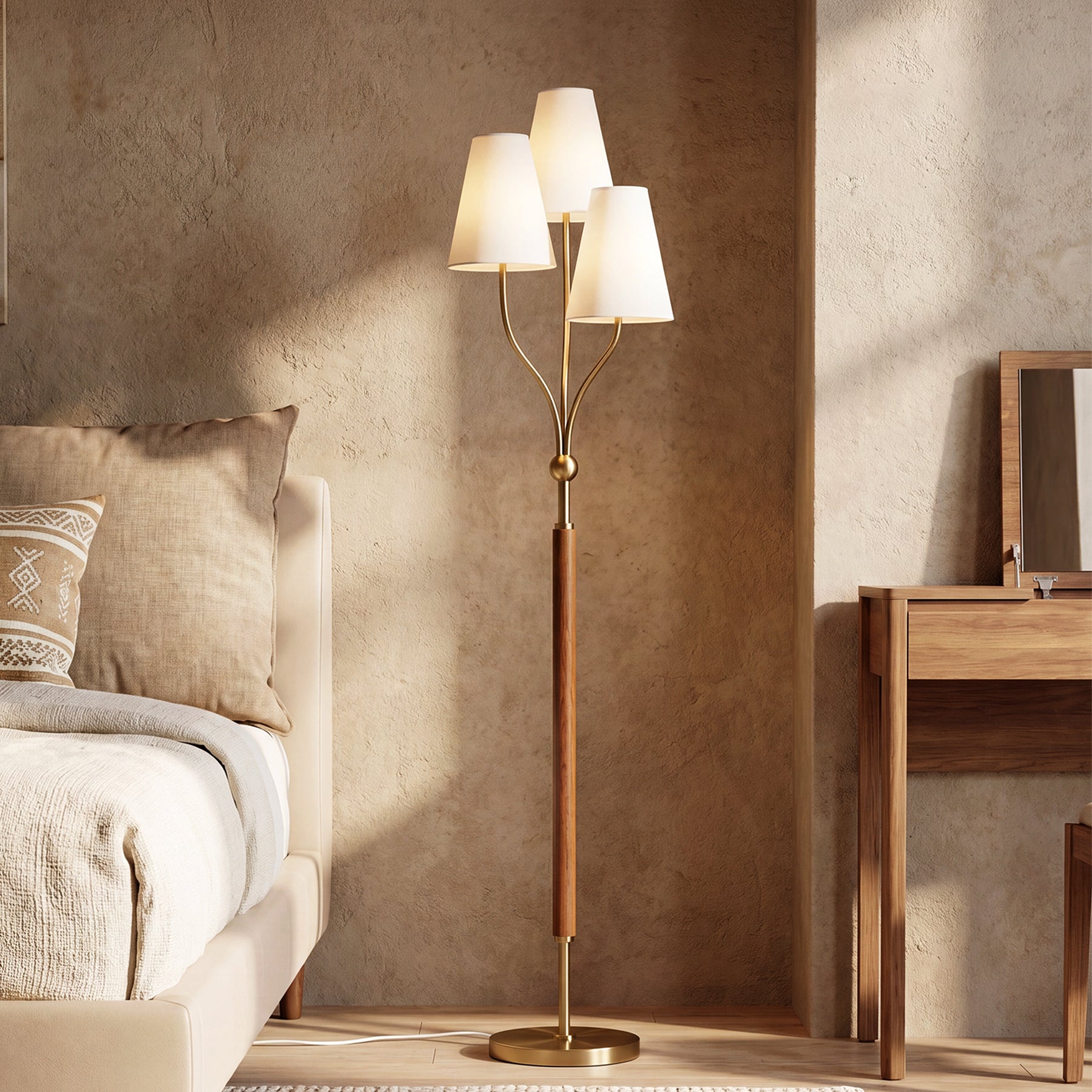 64.96" Height 3-Head Floor Lamp with Linen Fabric Shades, Natural Rubberwood Handle
