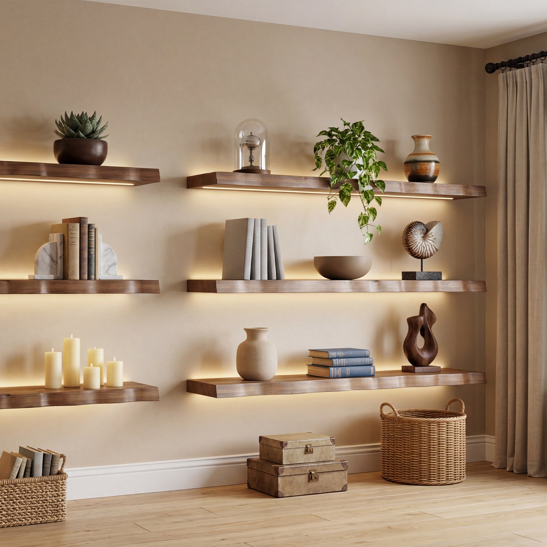 63" Solid Wood Floating Mantel Shelf with Live Edge, Rustic Fireplace Mantel & Wall Shelf for Living Room