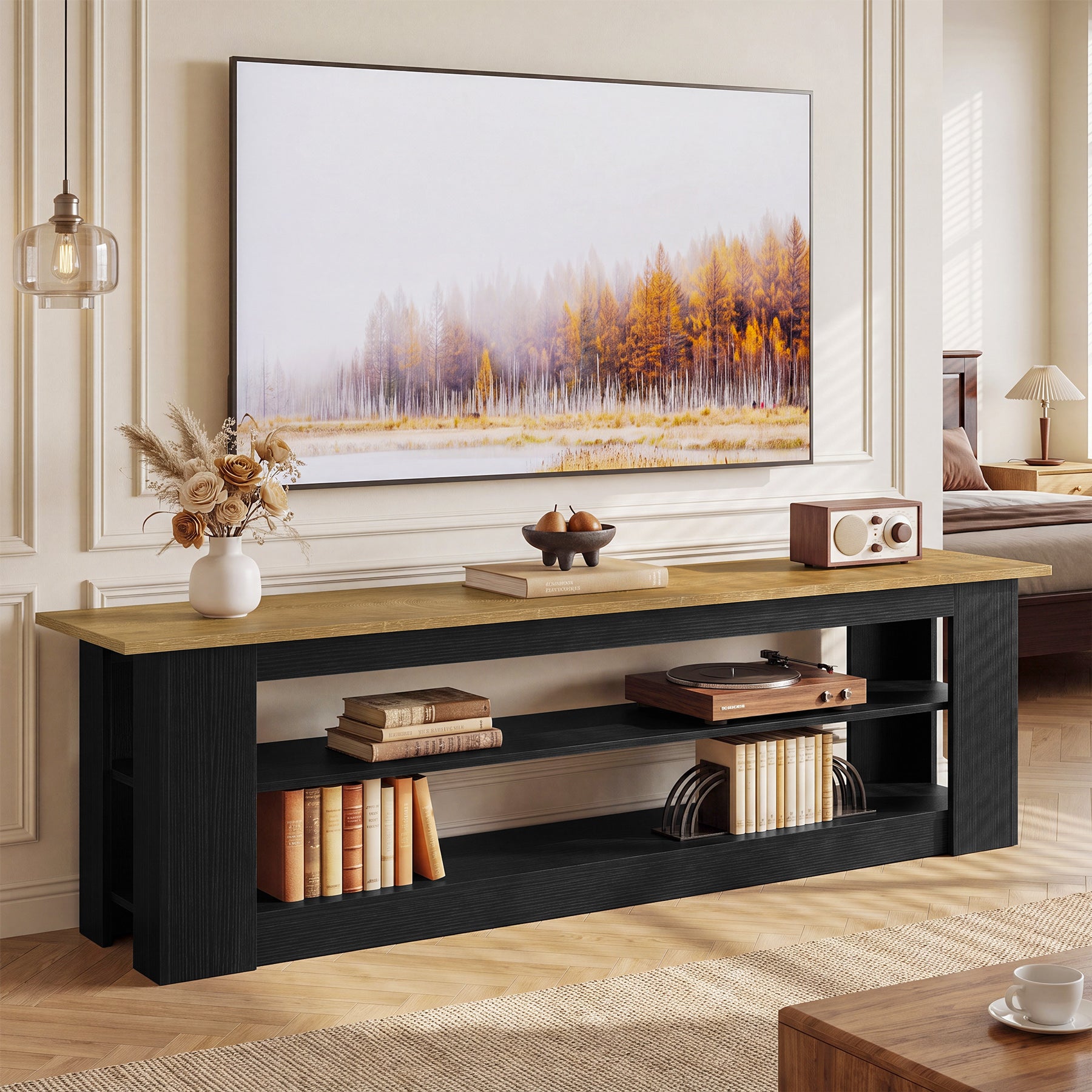 70.87" TV Stand for TVs up to 80", Farmhouse Entertainment Center with Storage Shelves