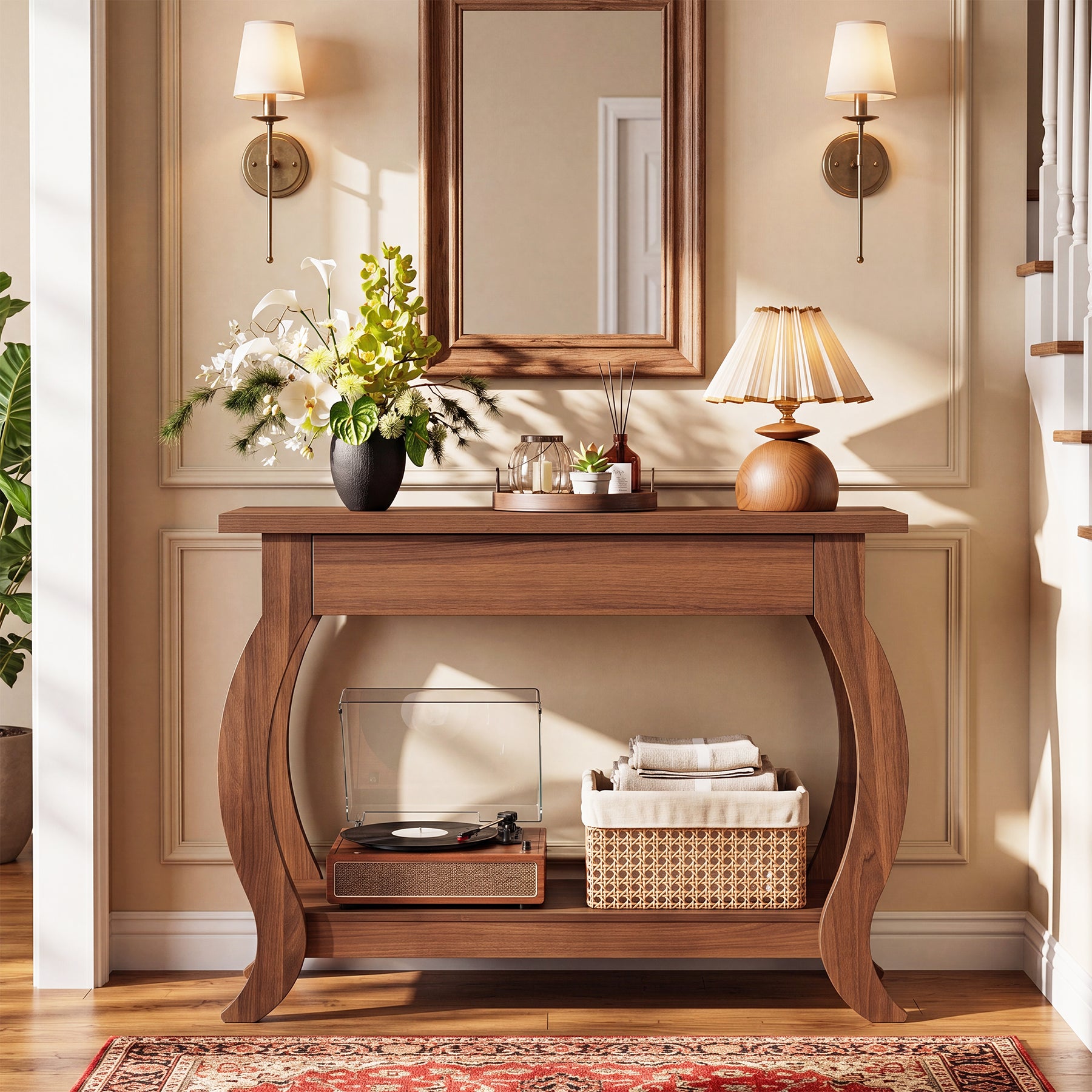 41.3" Console Table with Curved Legs, Farmhouse Sofa Table with Drawer and Shelf