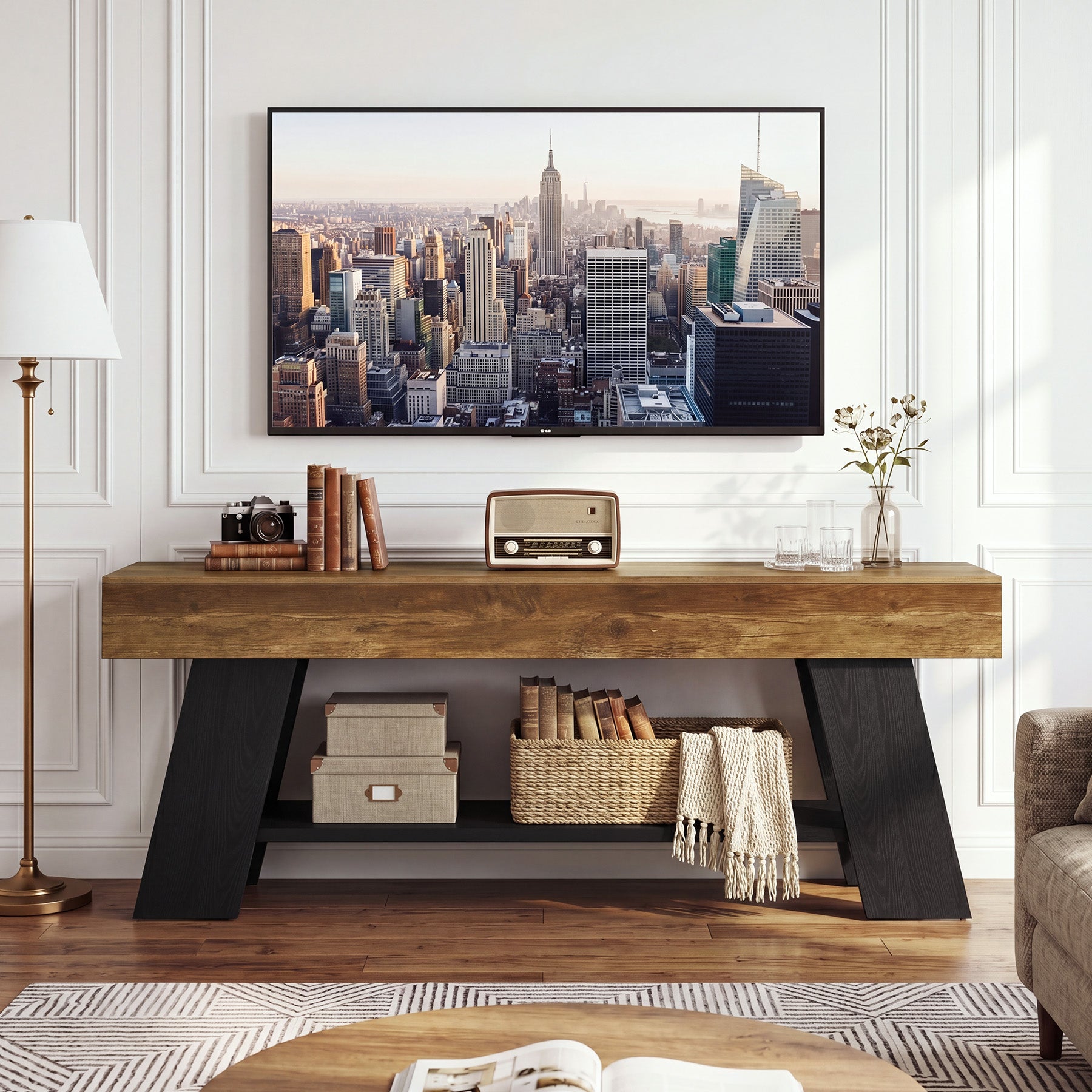 63" TV Stand for 55/65/70 Inch TVs, Industrial Media Console with Open Storage Shelf