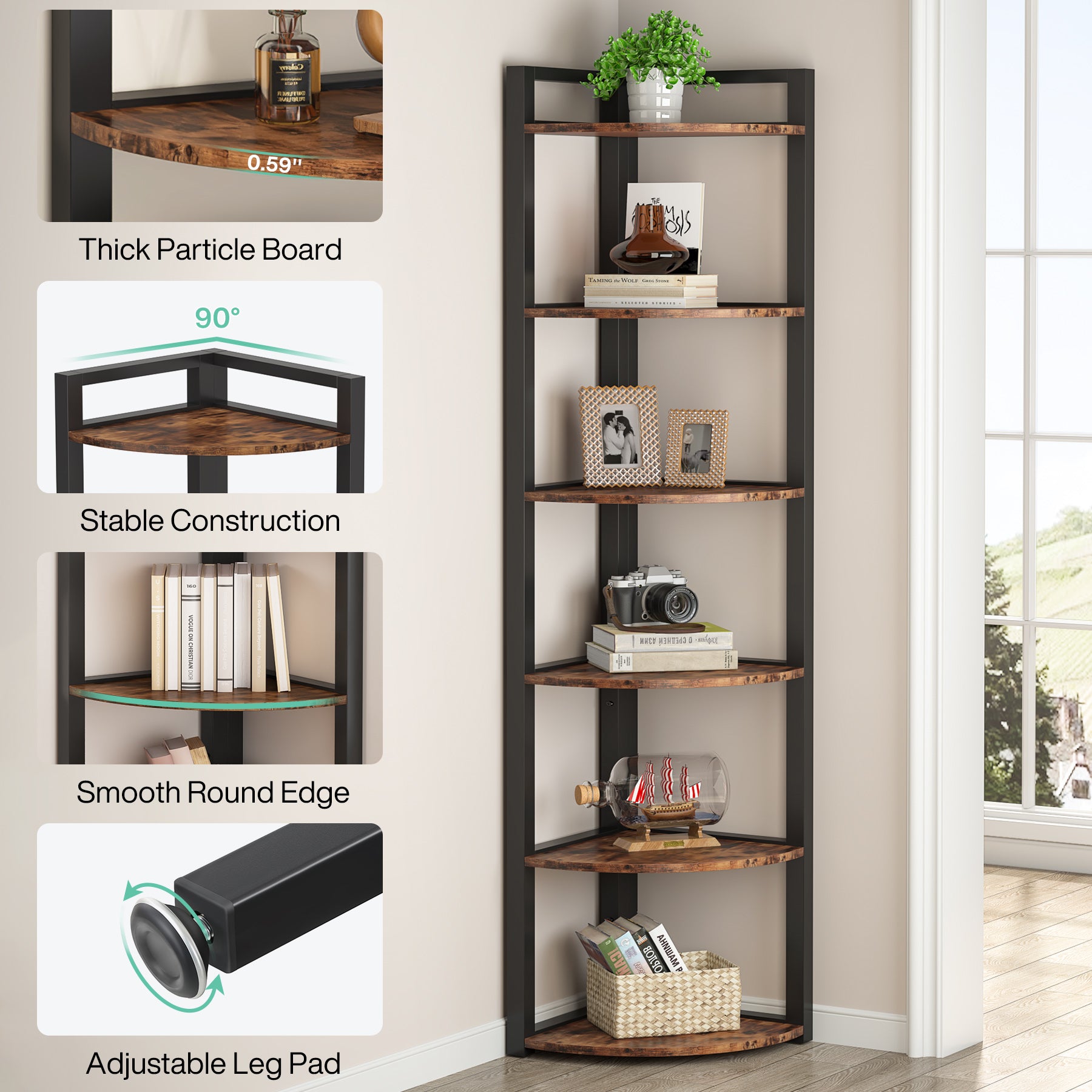 6-Tier Corner Shelf, 70.9 Inch Tall Corner Bookshelf Small Bookcase Rustic Corner Shelving Unit Storage Rack