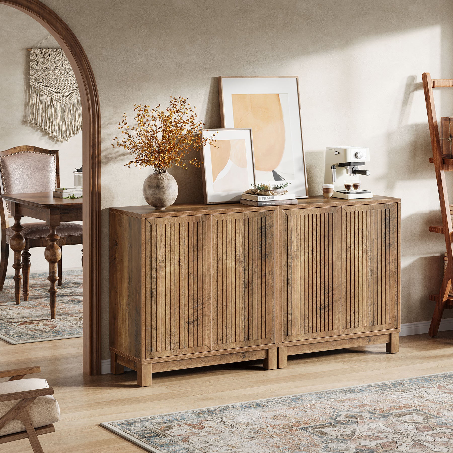 Fluted Sideboard Buffet Cabinet with Adjustable Shelves & 4 Push-Spring Doors