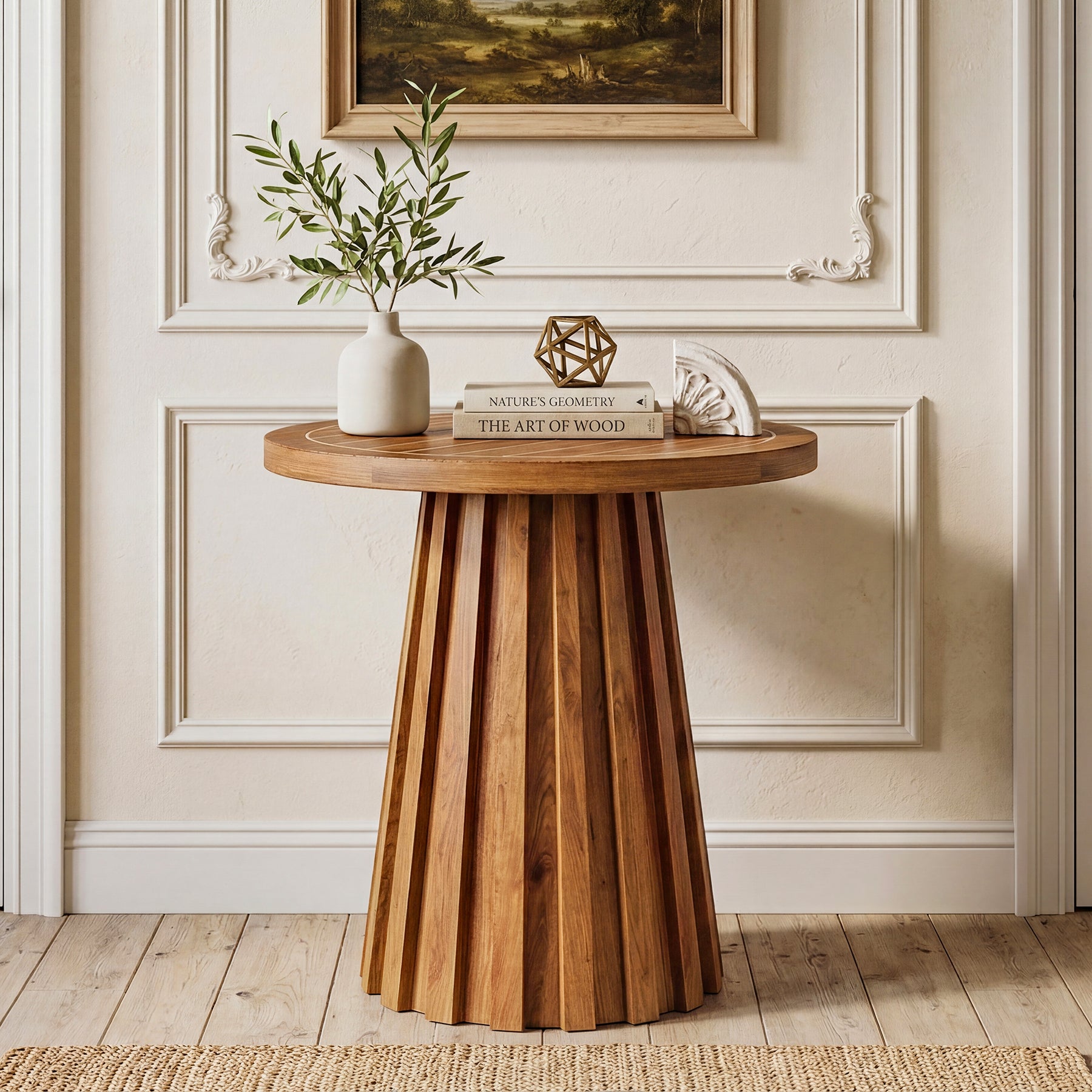 20" Round Side Table, Solid Wood End Table with Fluted Base for Living Room