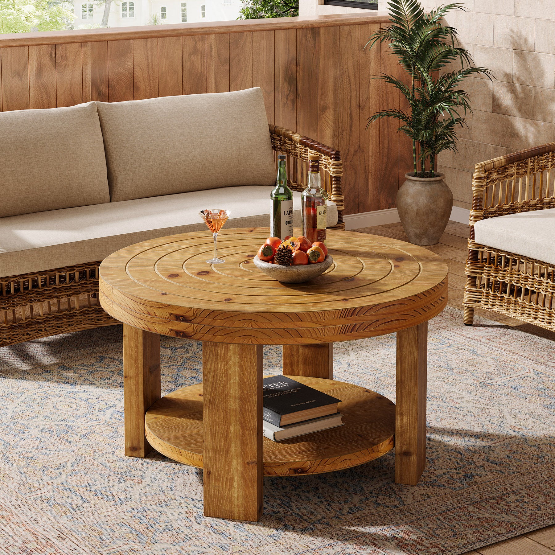 Round Solid Wood Coffee Table 31.5" Center Table with 2-Tier Storage - Thumbnail 3