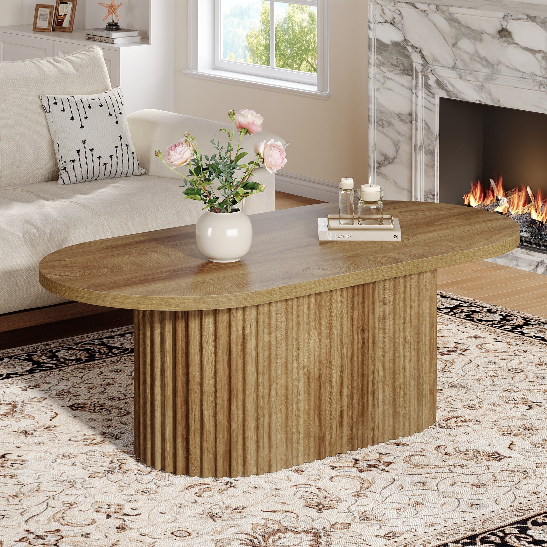 47.2" Oval Coffee Table, Farmhouse Center Table with Fluted Design