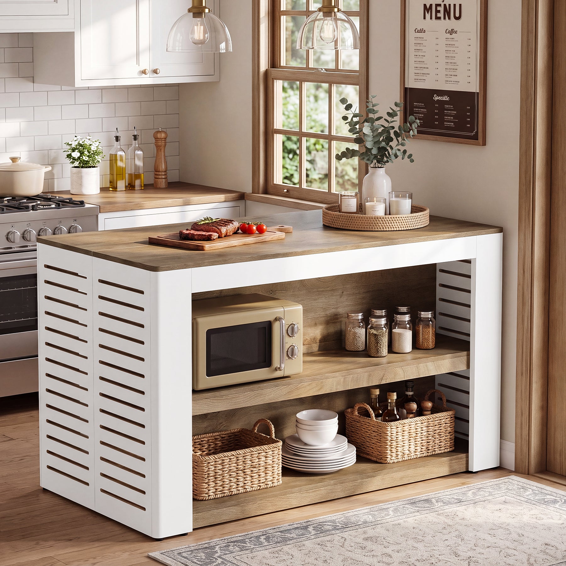 55" Farmhouse Kitchen Island, 3-Tier Wooden Stationary Island Table for Kitchen