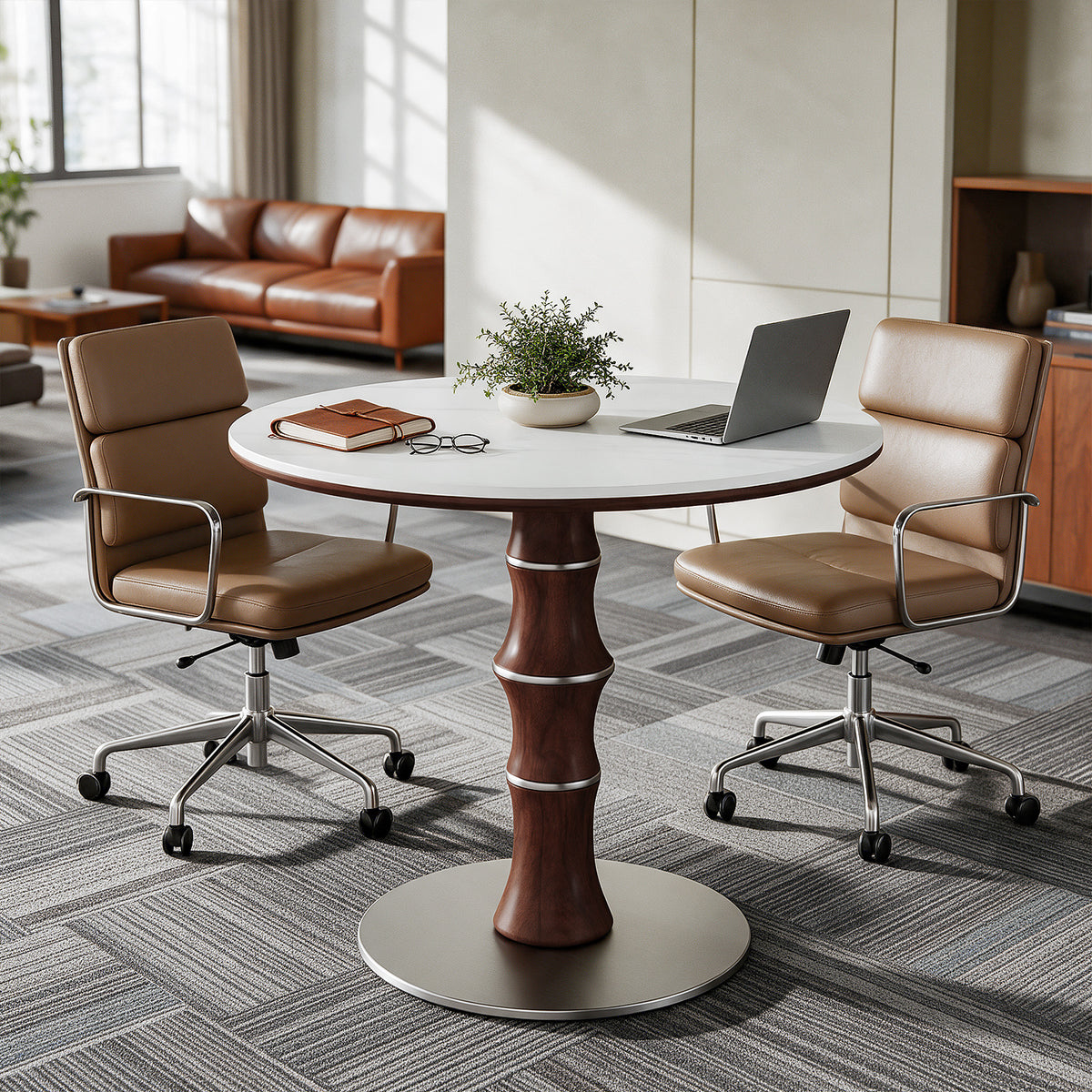 35" Round Sintered Stone Dining Table for 2-4, Rubberwood Pedestal