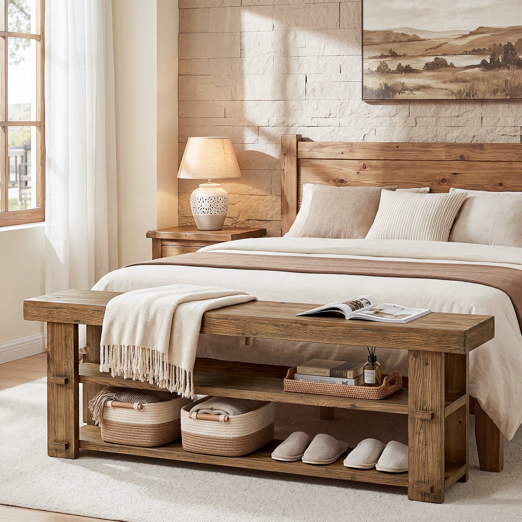 Tribesigns 55-Inch Entryway Bench, 2-Tier Shoe Storage Bench