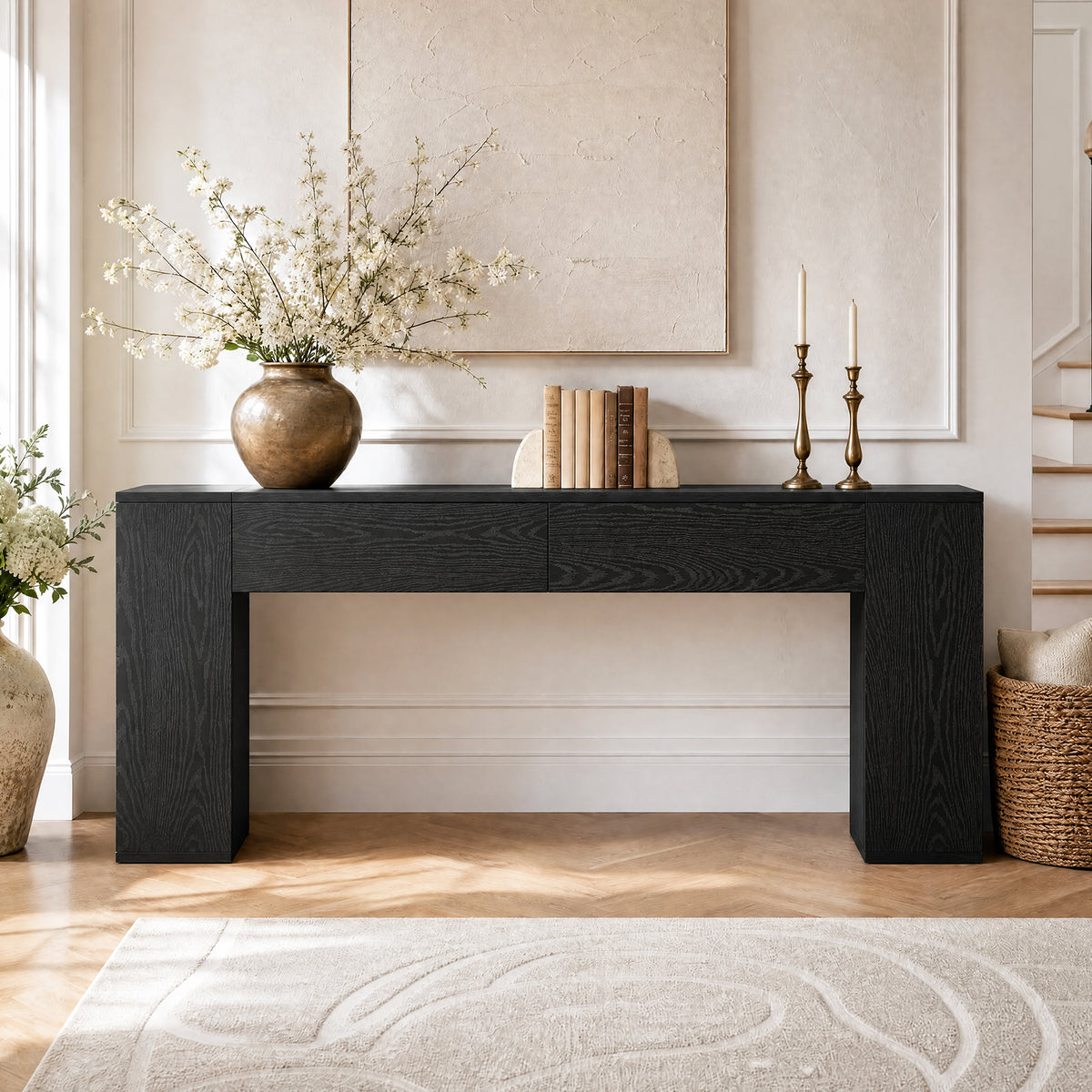 79" Long Console Table, Farmhouse Entryway Table with 2 Drawers and Side Storage Shelves