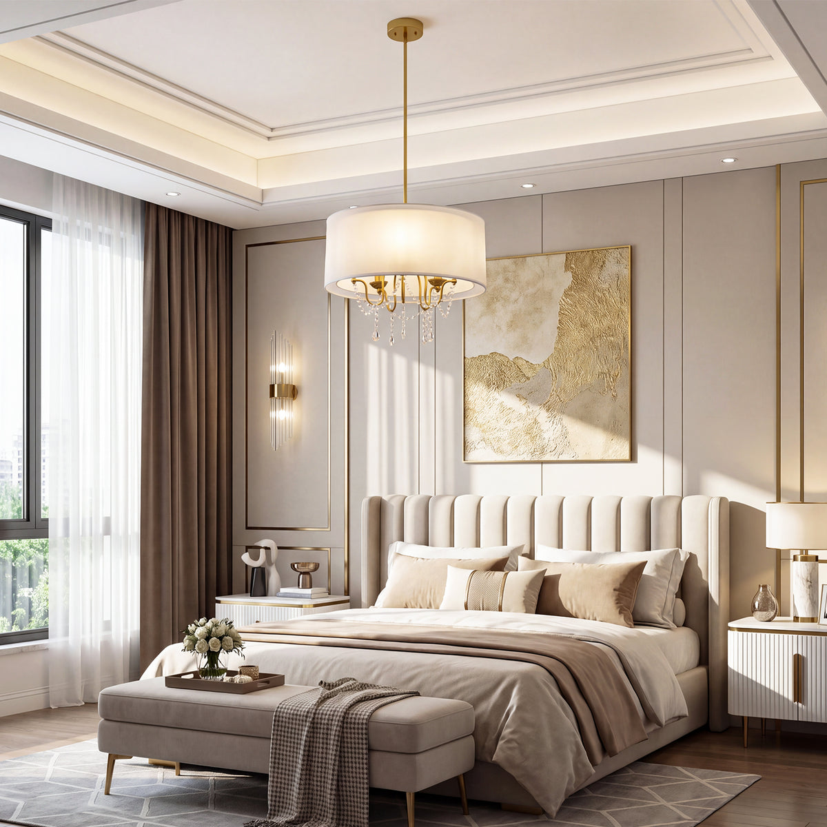 19.7" Gold Crystal Drum Chandelier, Modern 5-Light Pendant Light