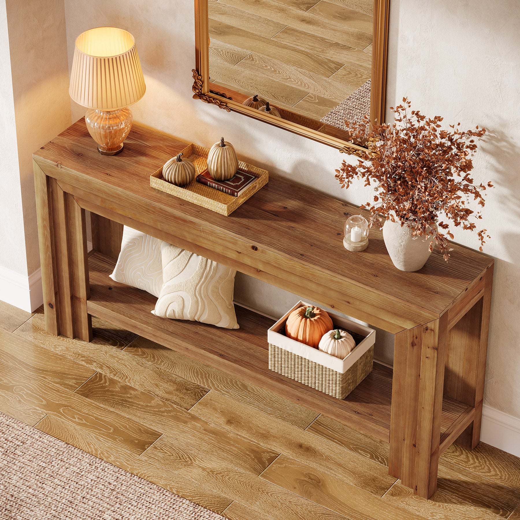 63" Solid Wood Entryway Console Table with 2-Tier Shelf, Farmhouse Sofa & Hallway Table with Dimensional Linear Frame
