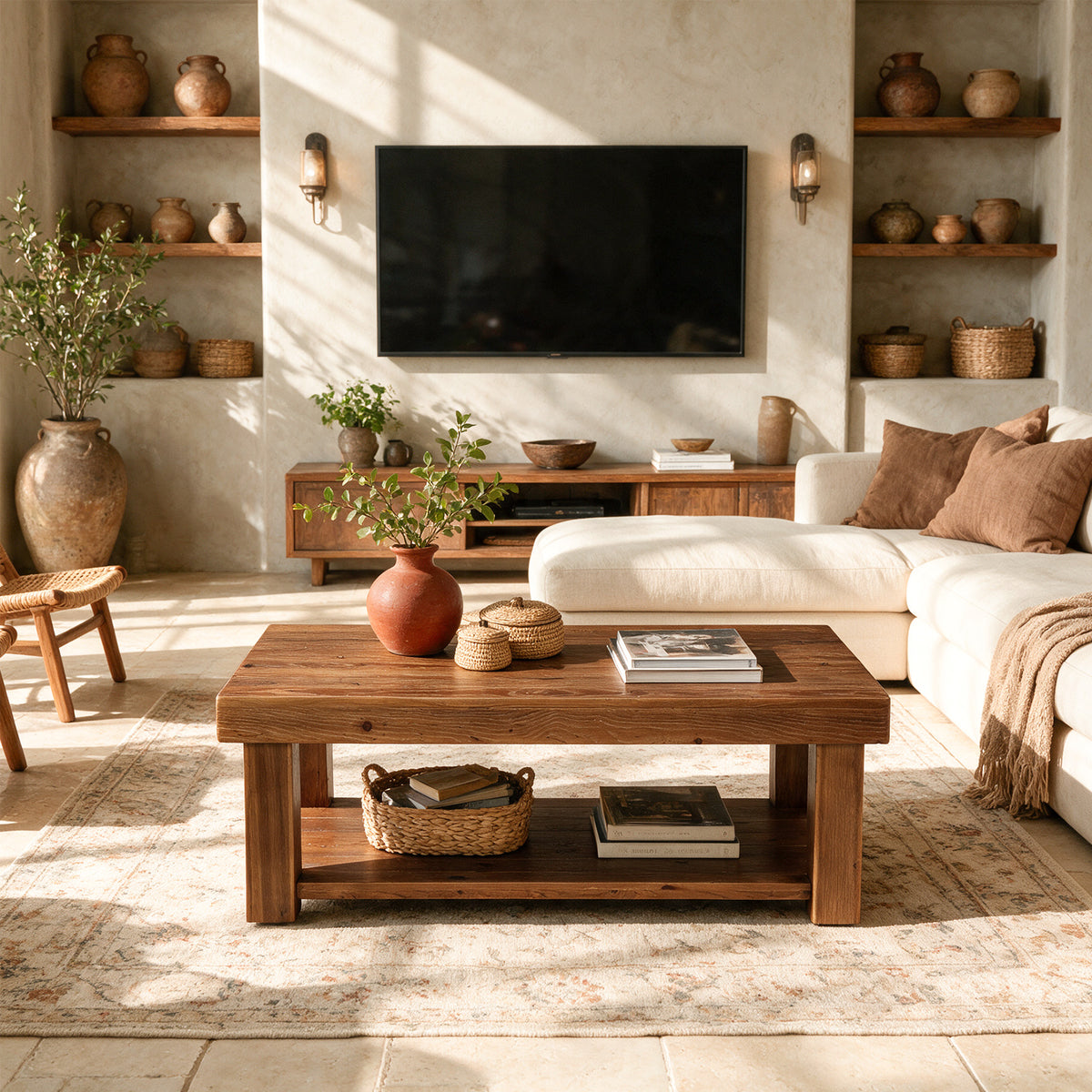55" Modern Farmhouse Solid Wood Coffee Table, Rectangular with 2-Tier Storage