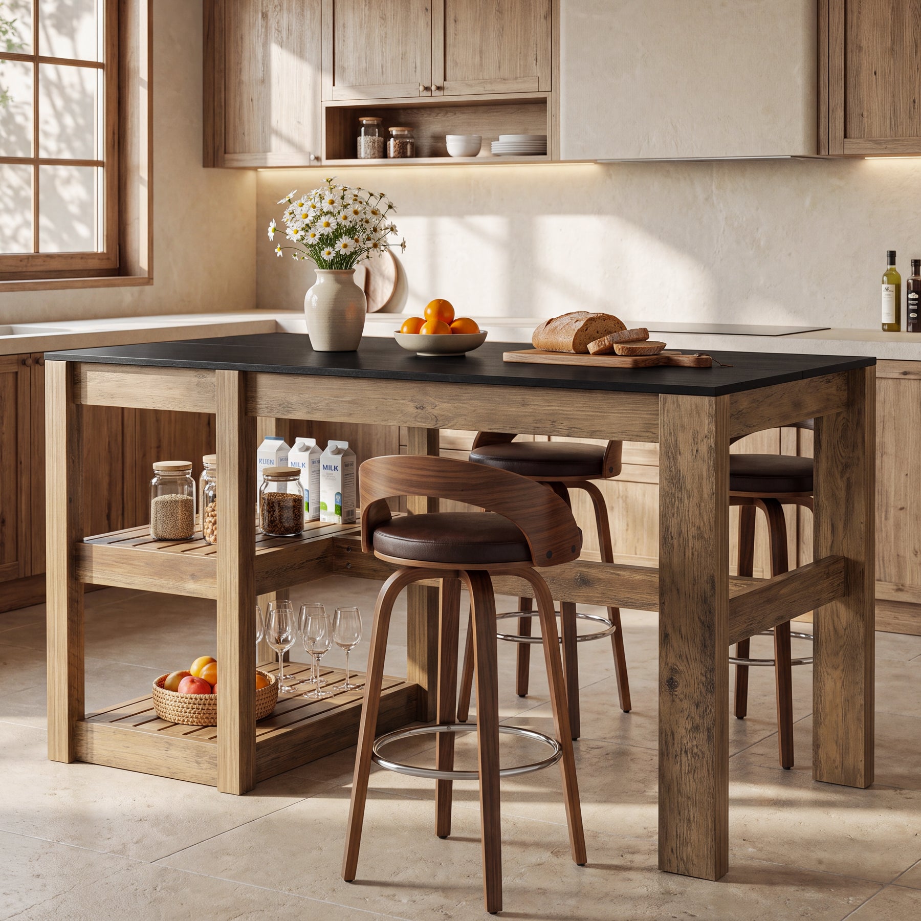 55" Kitchen Island Table, 2-Tier Storage Shelves for Dining Room
