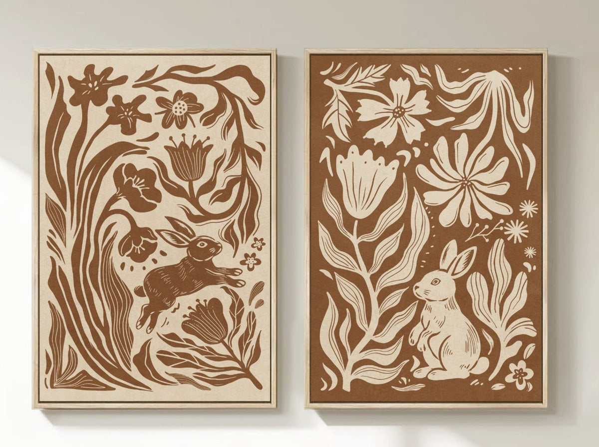 Tribesigns 2-Piece Modern Boho Rabbit Wall Art, Earthy Floral Framed Canvas Prints