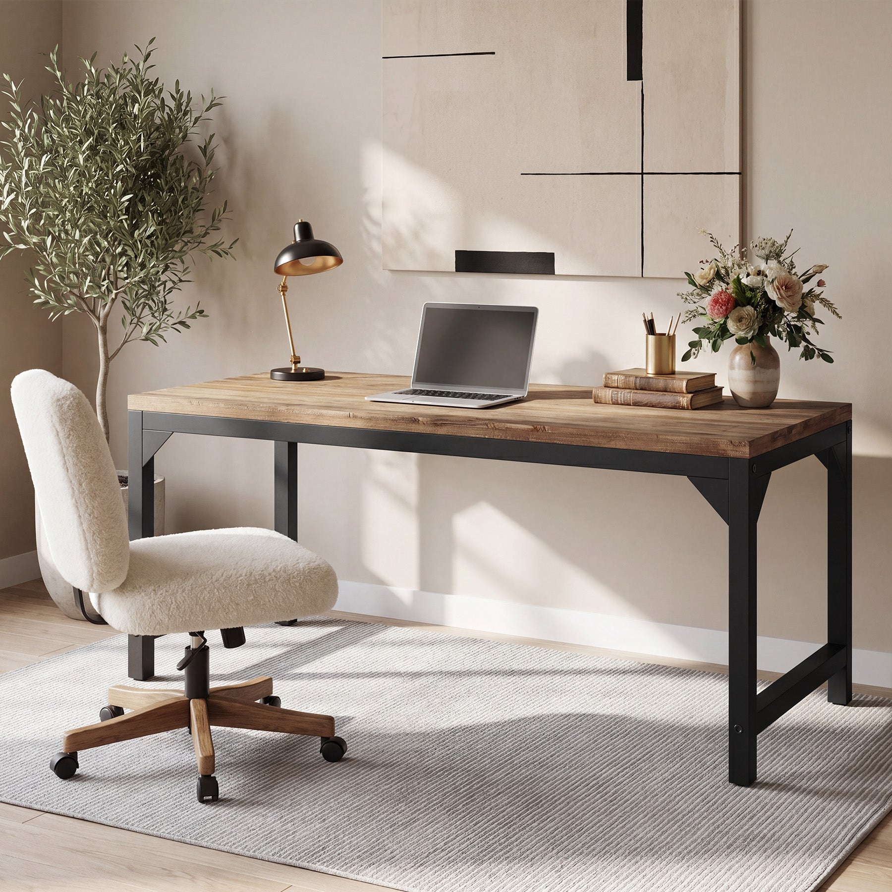 63" Solid Wood Office Desk, Heavy-Duty Computer Desk with Metal Frame