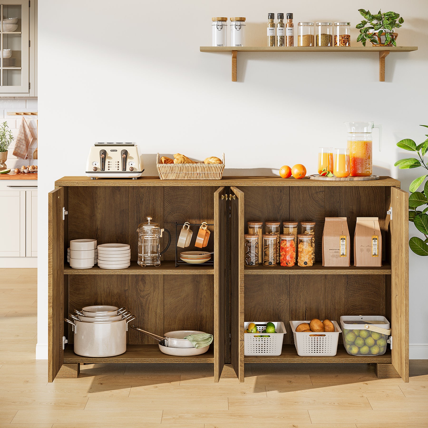 59" Sideboard Buffet Cabinet, Fluted Buffet Table with 4 Doors & Shelves