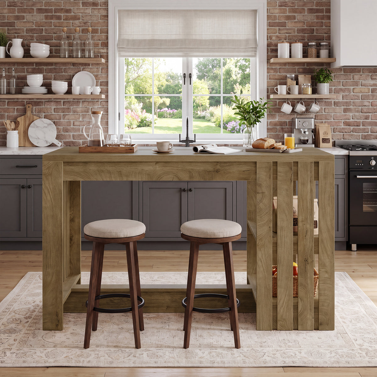 55" Kitchen Island, Farmhouse Stationary Island Table with 2-Tier Storage & Slatted Side Panel