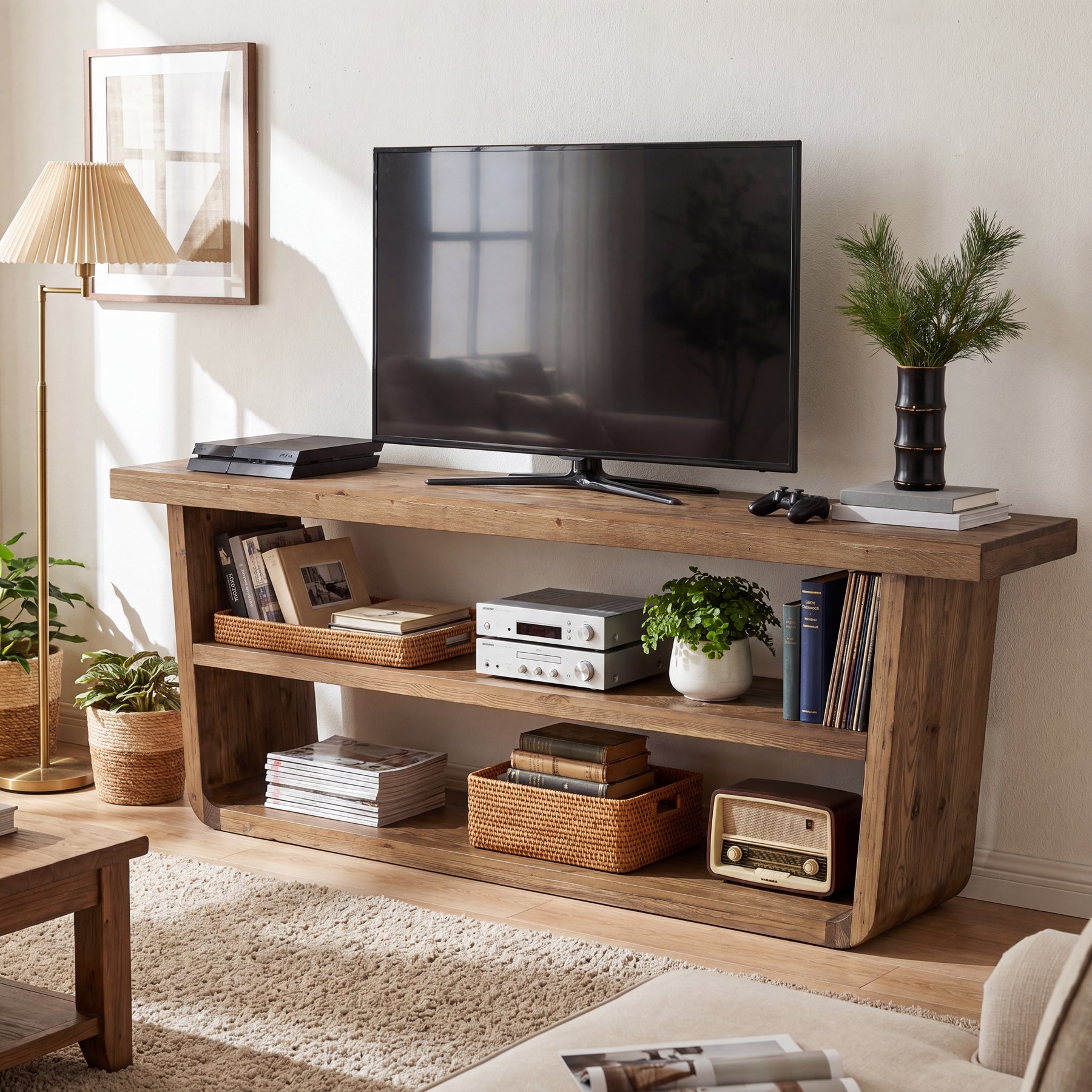 63" Solid Wood TV Stand, 3-Tier Entertainment Center with Storage for 75" TVs