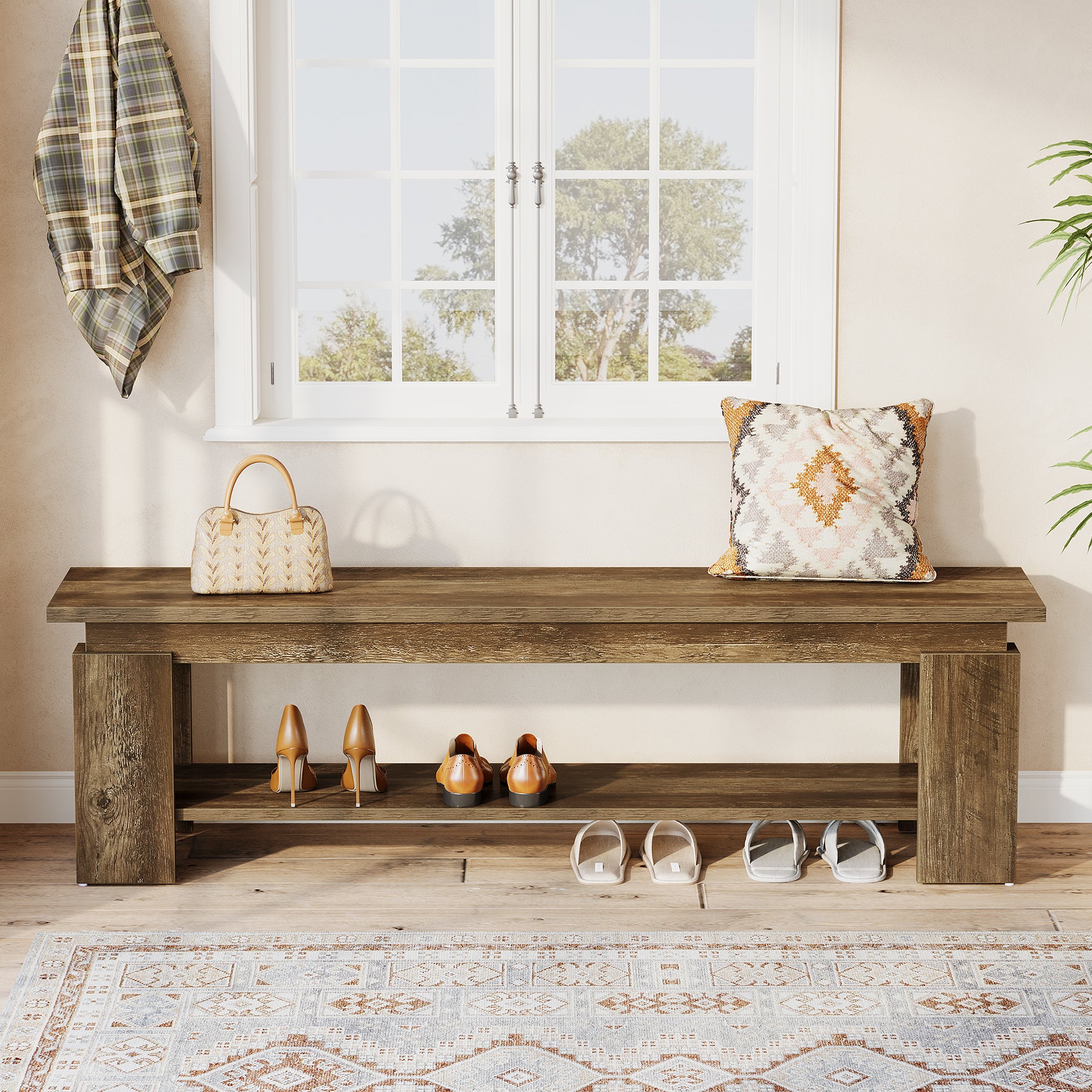 63" Entryway Bench, Farmhouse Shoe Bench End of Bed Bench with Storage Shelf