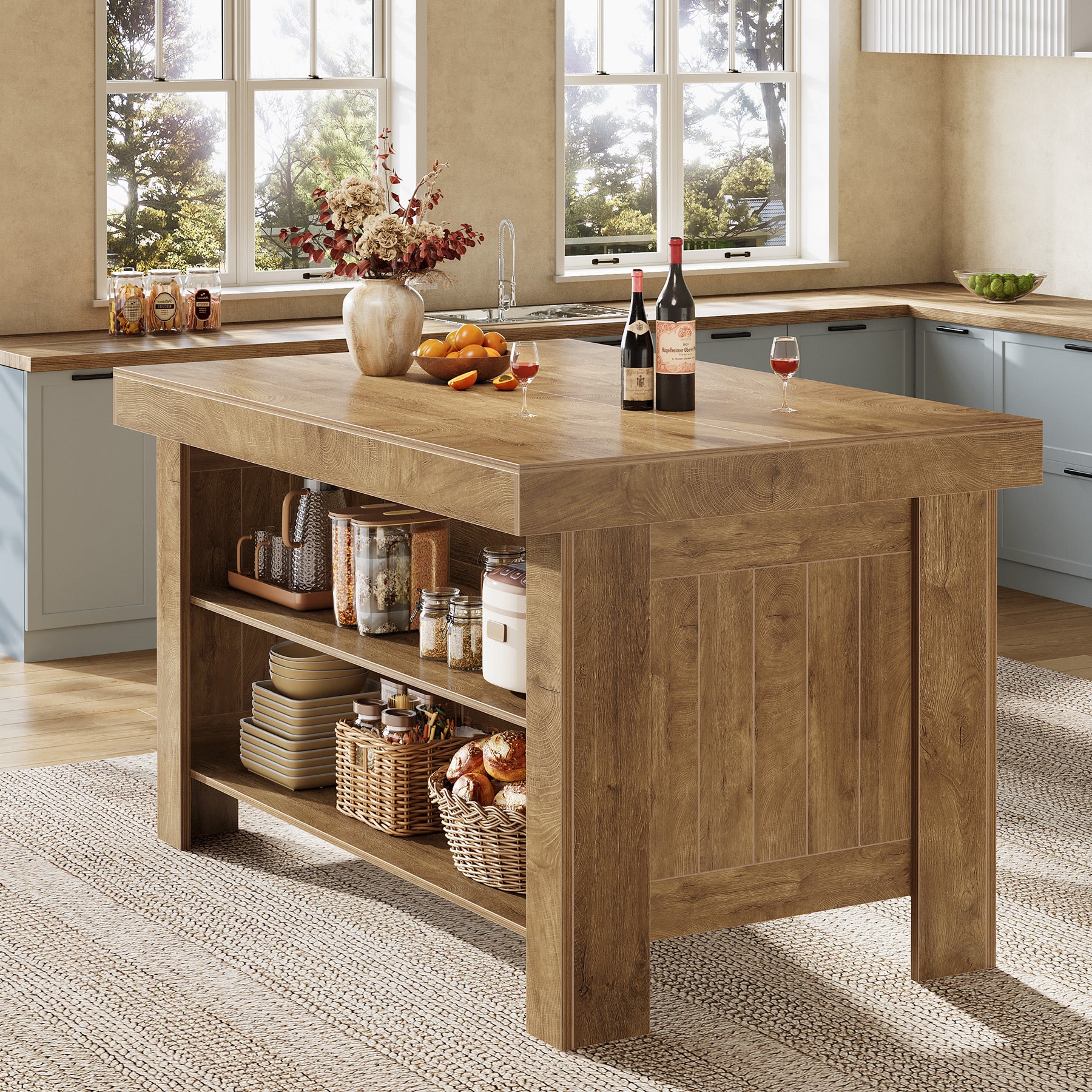 55" Kitchen Island Table, Farmhouse Counter Height Bar Table with Storage Shelves