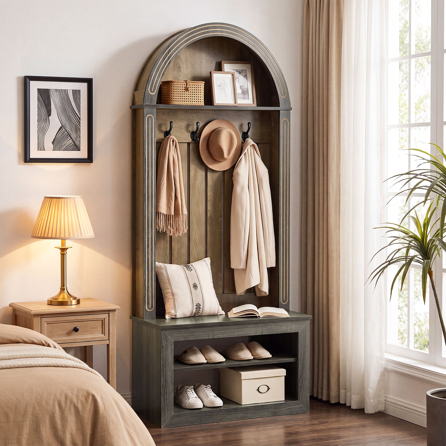 71" Hall Tree with Bench & Shoe Storage, Farmhouse Entryway Coat Rack, 4 Hooks, Open Shelf