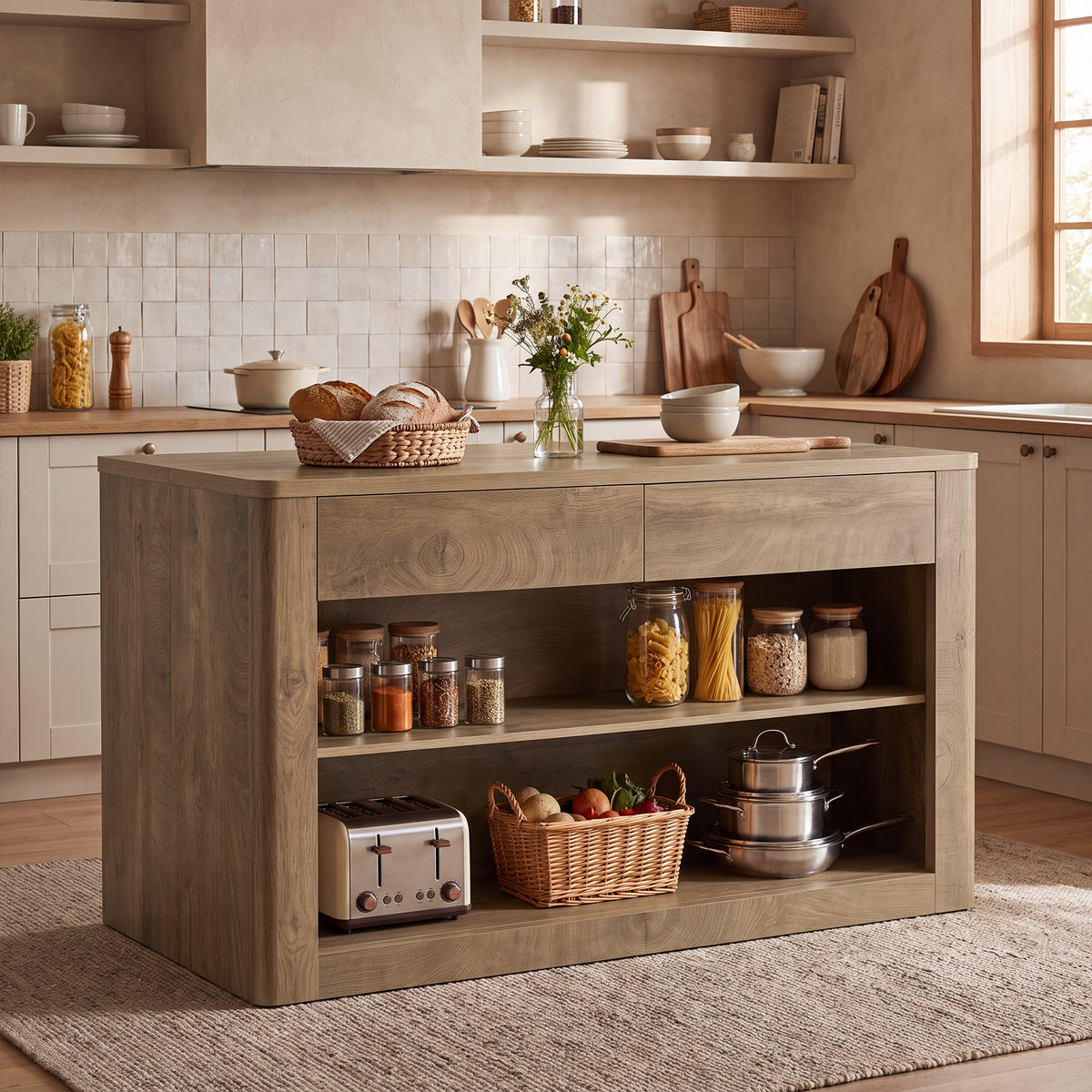 55" Kitchen Island with 2 Drawers & 3 Shelves, Farmhouse Stationary Island Table