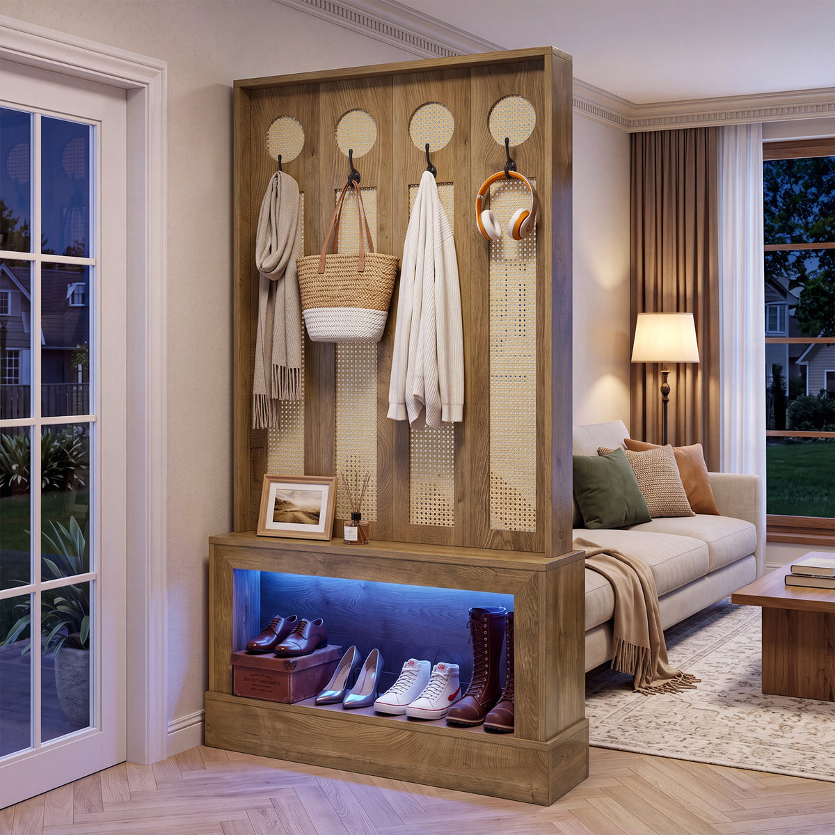 69.7" Wall Room Divider with LED Light, Rattan Room Partition with Shelves & 4 Hooks for Living Room