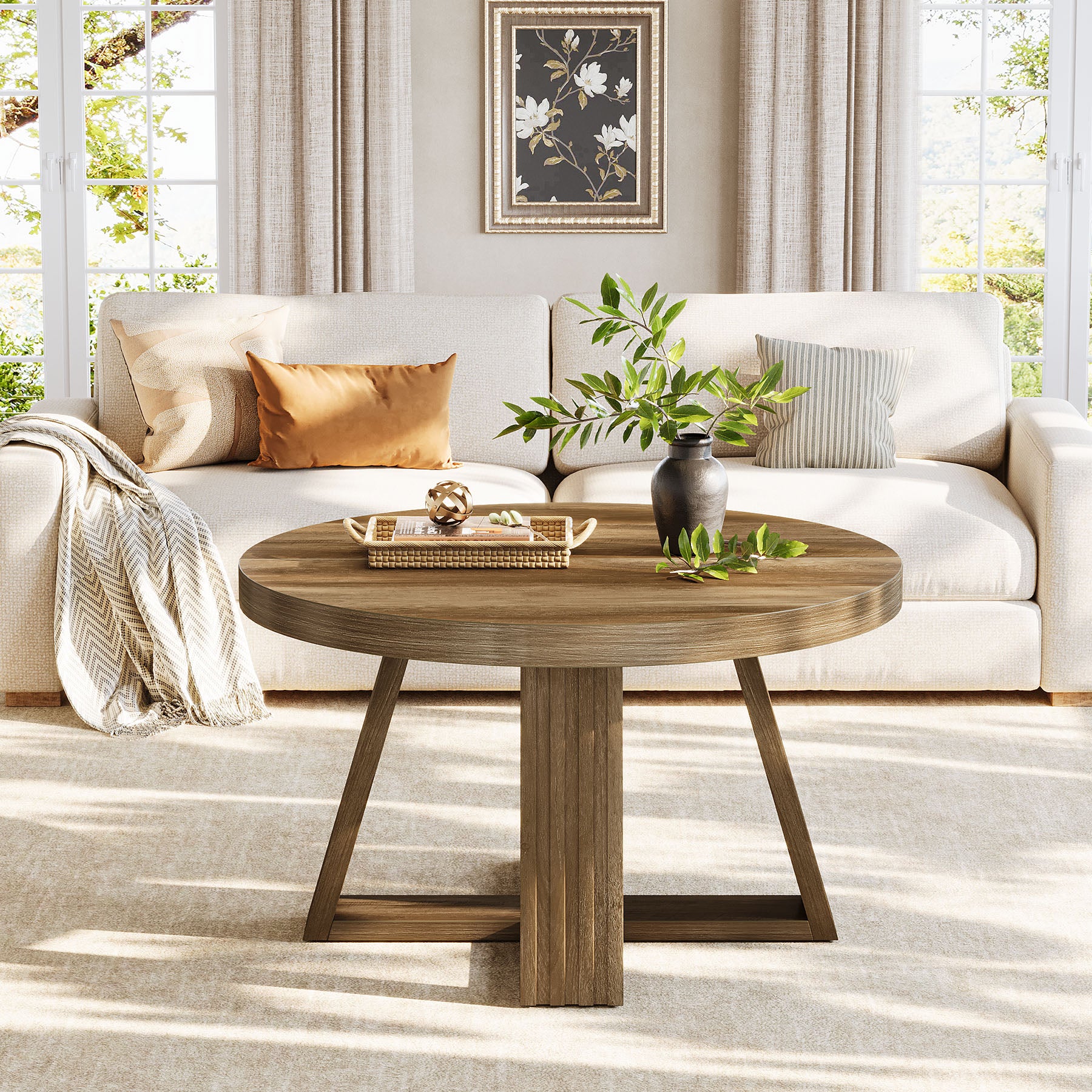 31.5" Round Coffee Table, Farmhouse Center Table with Solid Tabletop for Living Room