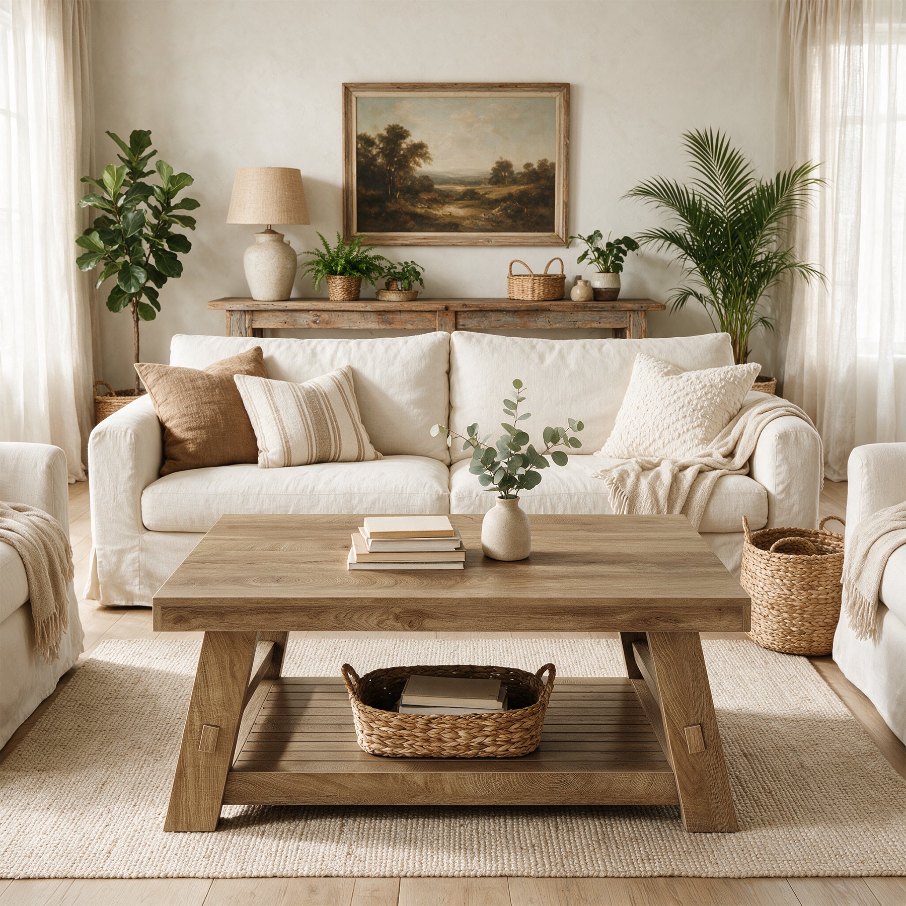 39" Square Coffee Table, 2-Tier Slatted Storage Shelf, Farmhouse Living Room