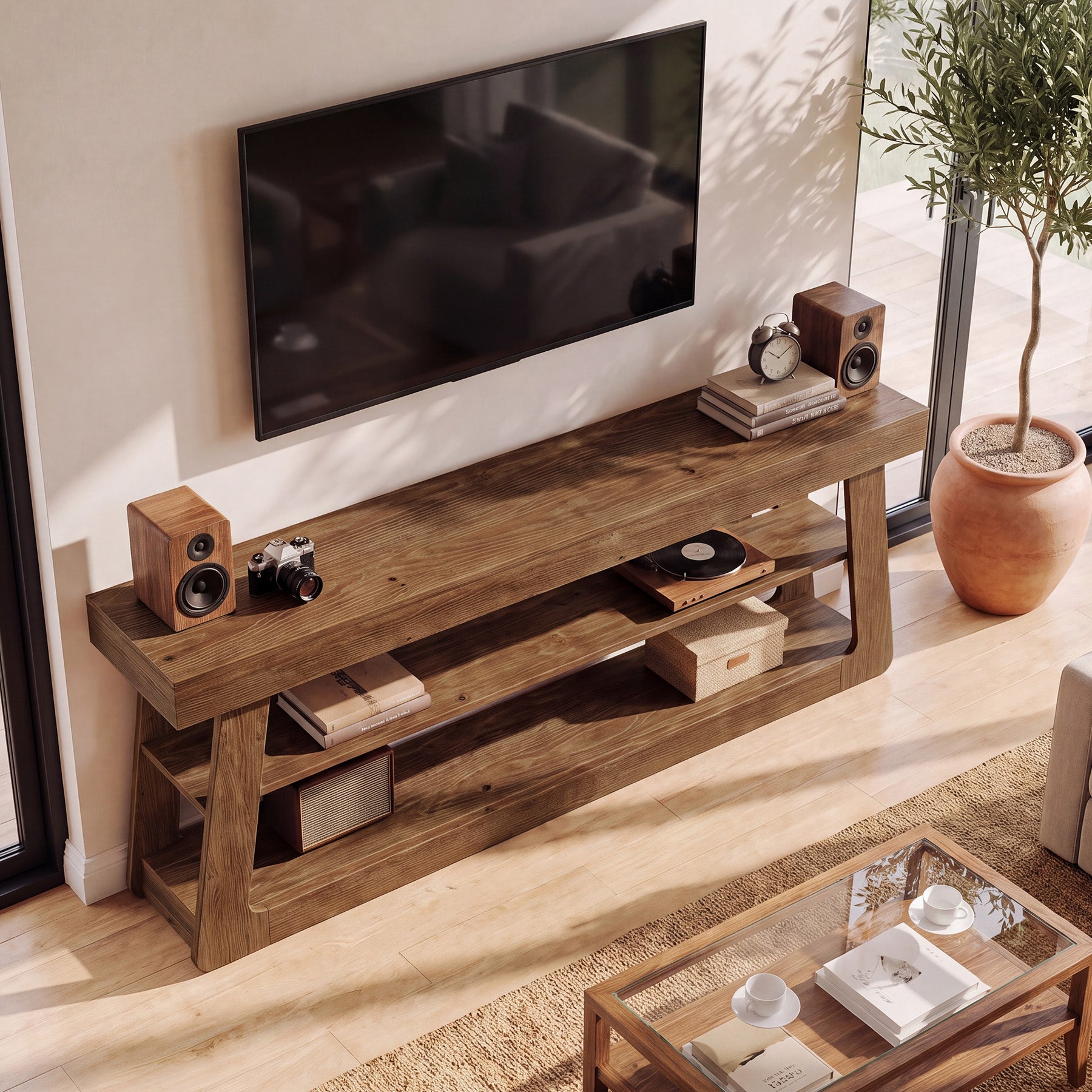 63" Solid Wood TV Stand, 3-Tier Storage Entertainment Center For Living Room