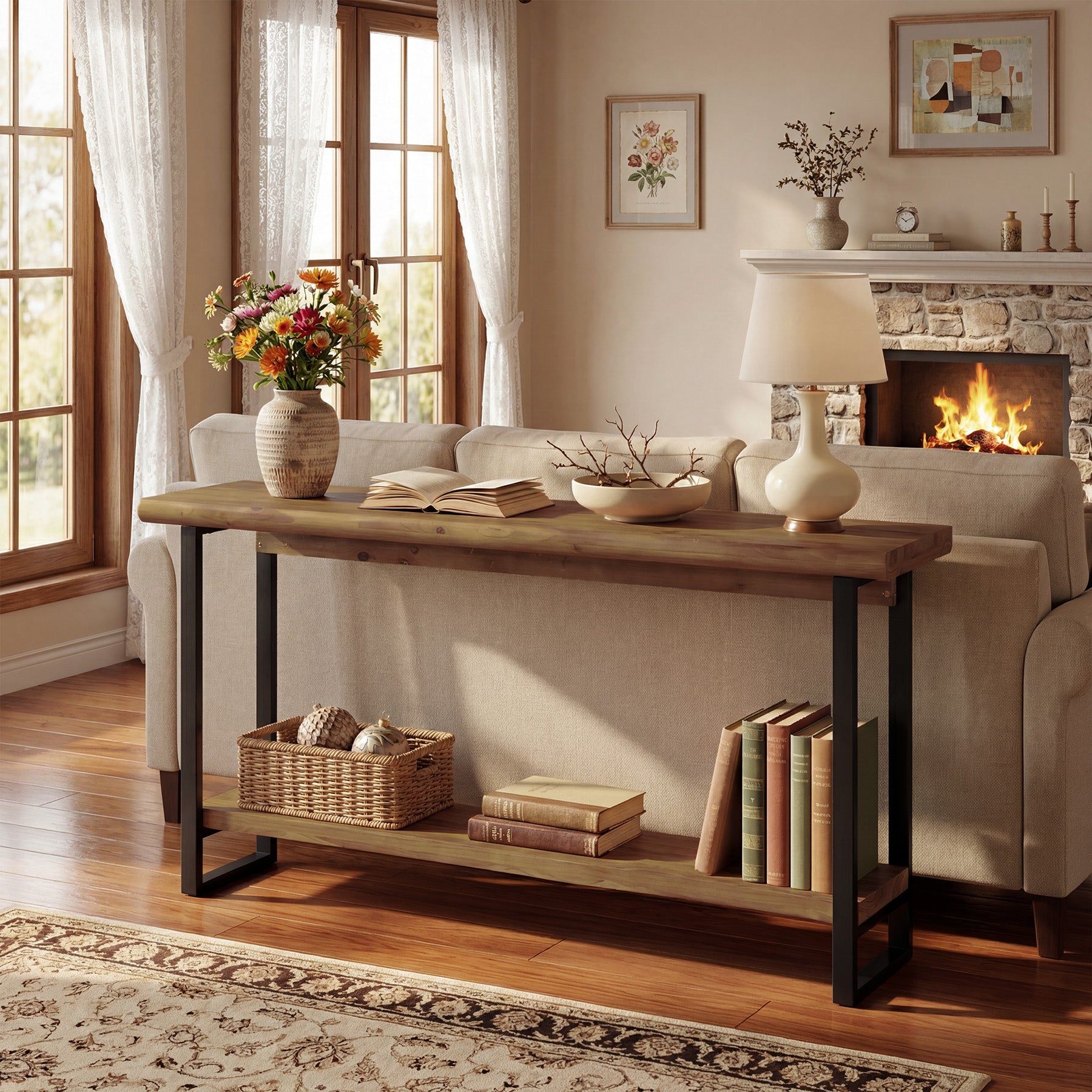63" Solid Wood Live-Edge Console Table with Metal Legs – Narrow Farmhouse Sofa Table