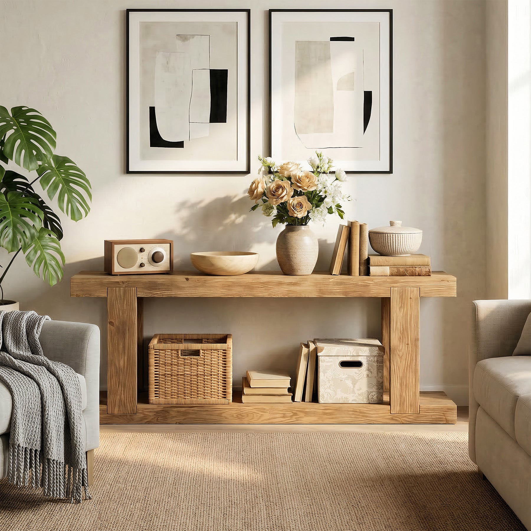 Solid Wood TV Stand for up to 65" TVs, Rustic Media Console Table with Open Storage Space