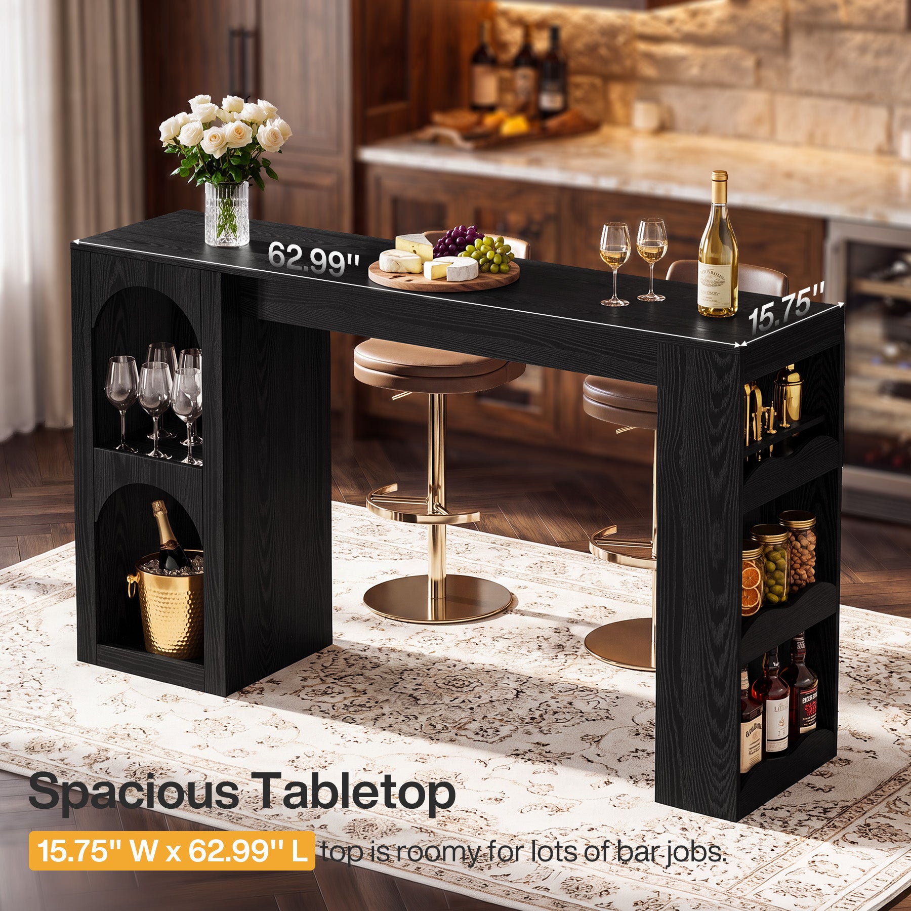 63" Bar Table, Modern Counter-Height Dining Table with Dual-Side Storage for Kitchen