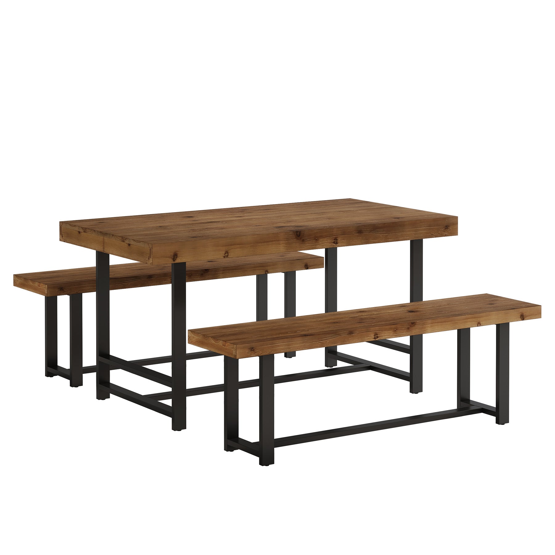 55" Dining Table Set, Solid Wood 3-Piece Rectangle Dinette Set with 2 Benches