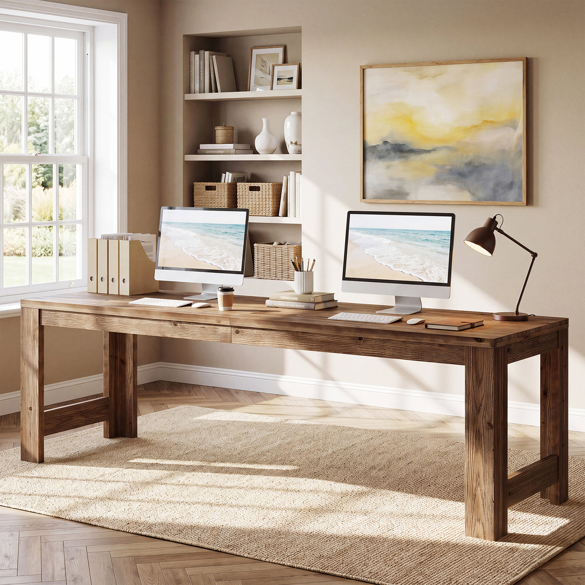79" Farmhouse Solid Wood Two Person Desk, Long Computer Desk for 2, Writing Table