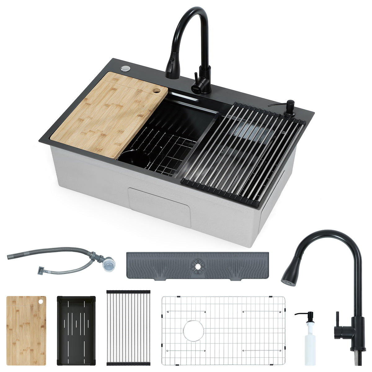 33x22 Inch Drop-In Kitchen Sink, 10" D Stainless Steel Sink w/Faucet, Nano Coating, Multiple Accessories