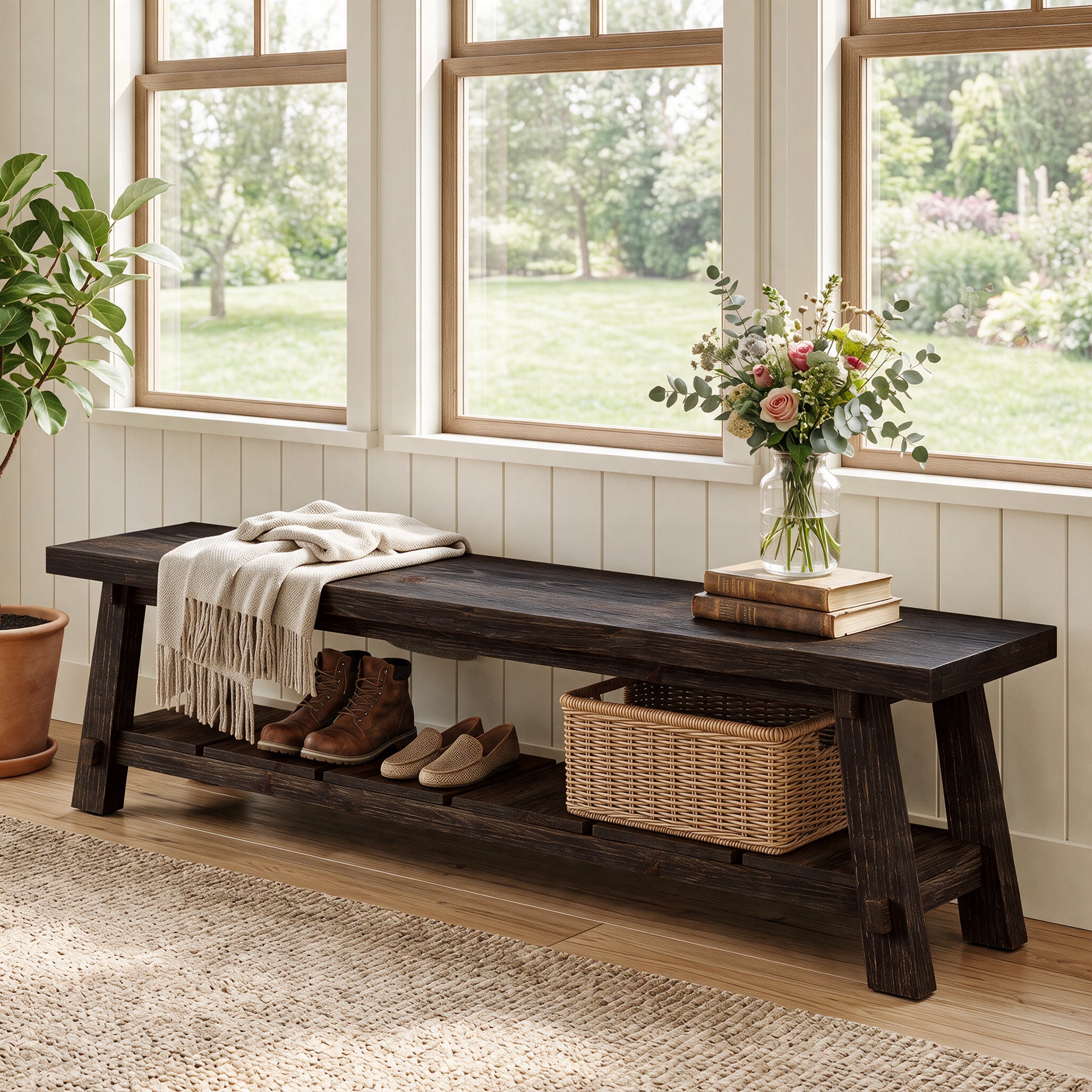 71" Solid Wood Entryway Bench, Rustic Extra Long Hallway Seating with Shoe Storage for Living Room and Bedroom