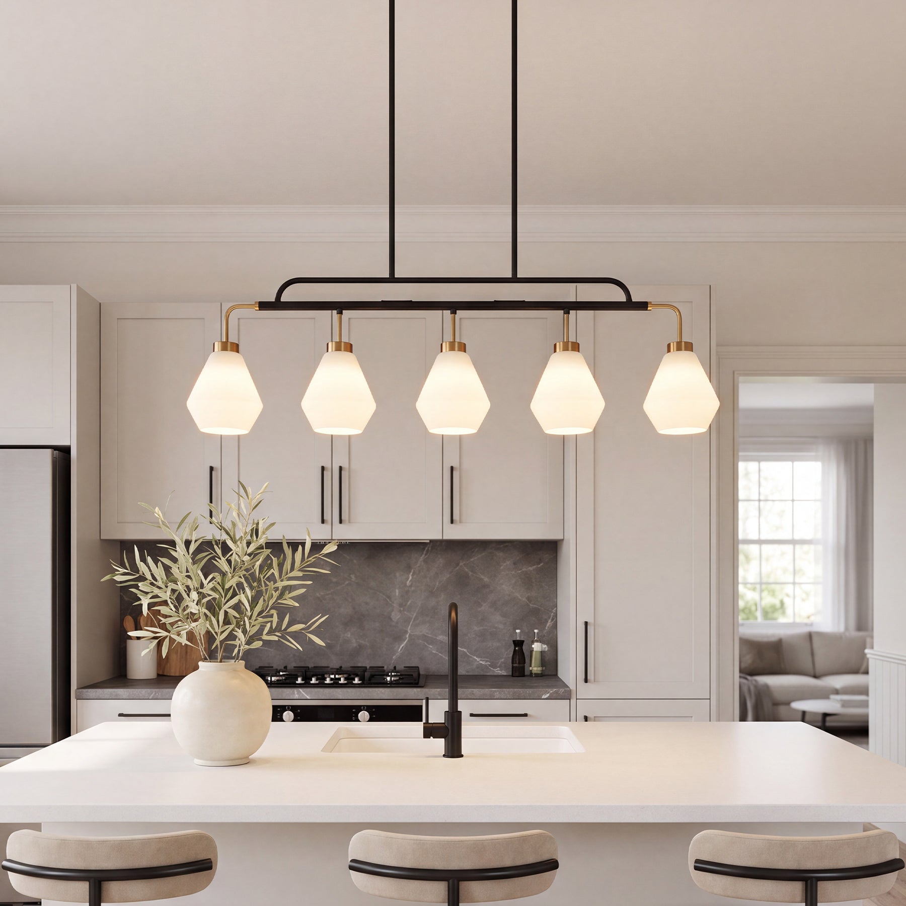 5-Light Pendant Light, Adjustable-Height Kitchen Island Light with Frosted White Glass, E26 Base