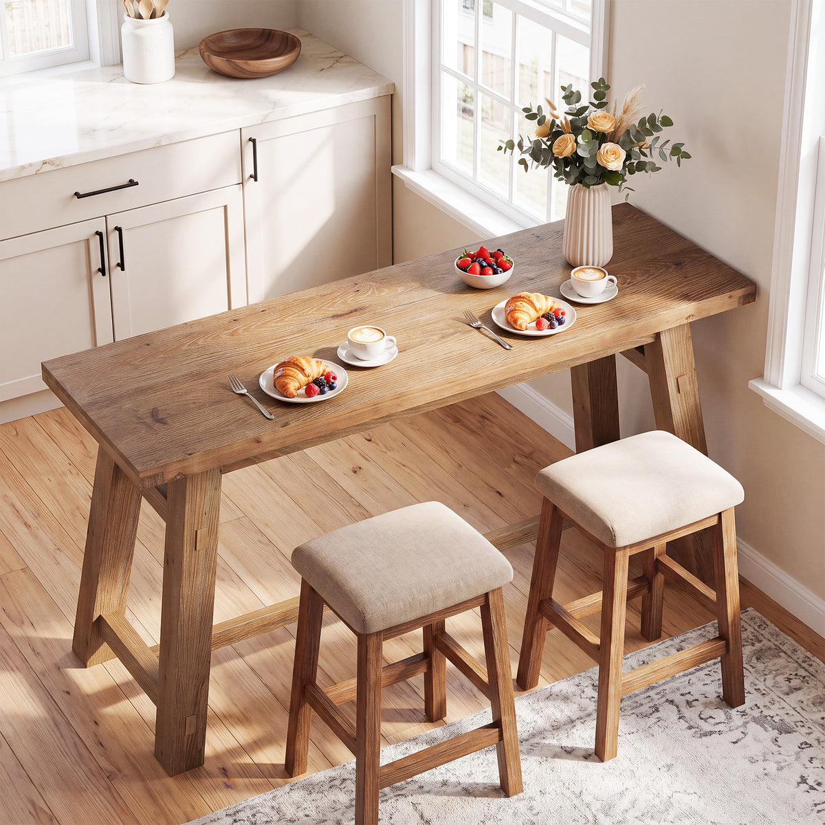 63" Solid Wood Bar Table with Footrest, Rectangular Pub Table, High Top Table