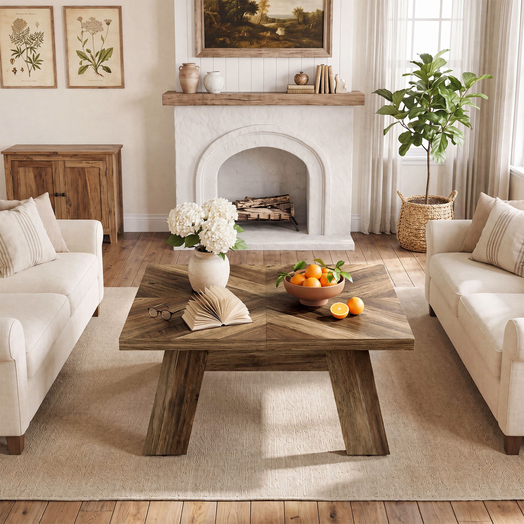 39.4" Square Coffee Table, Sturdy Center Table with Geometric Wood Grain