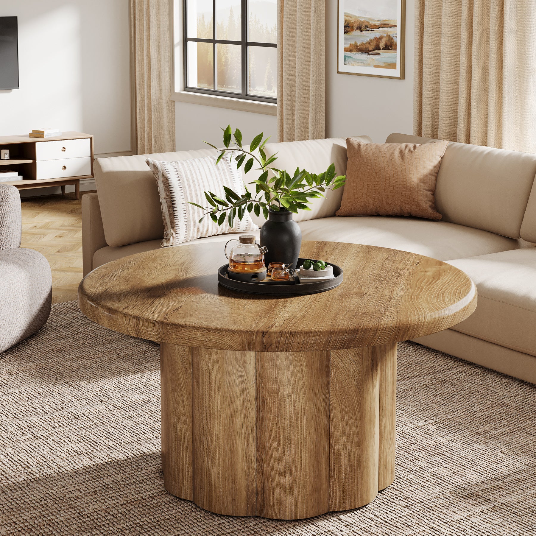 31.5" Round Coffee Table, Farmhouse Center Table with Fluted Drum Base