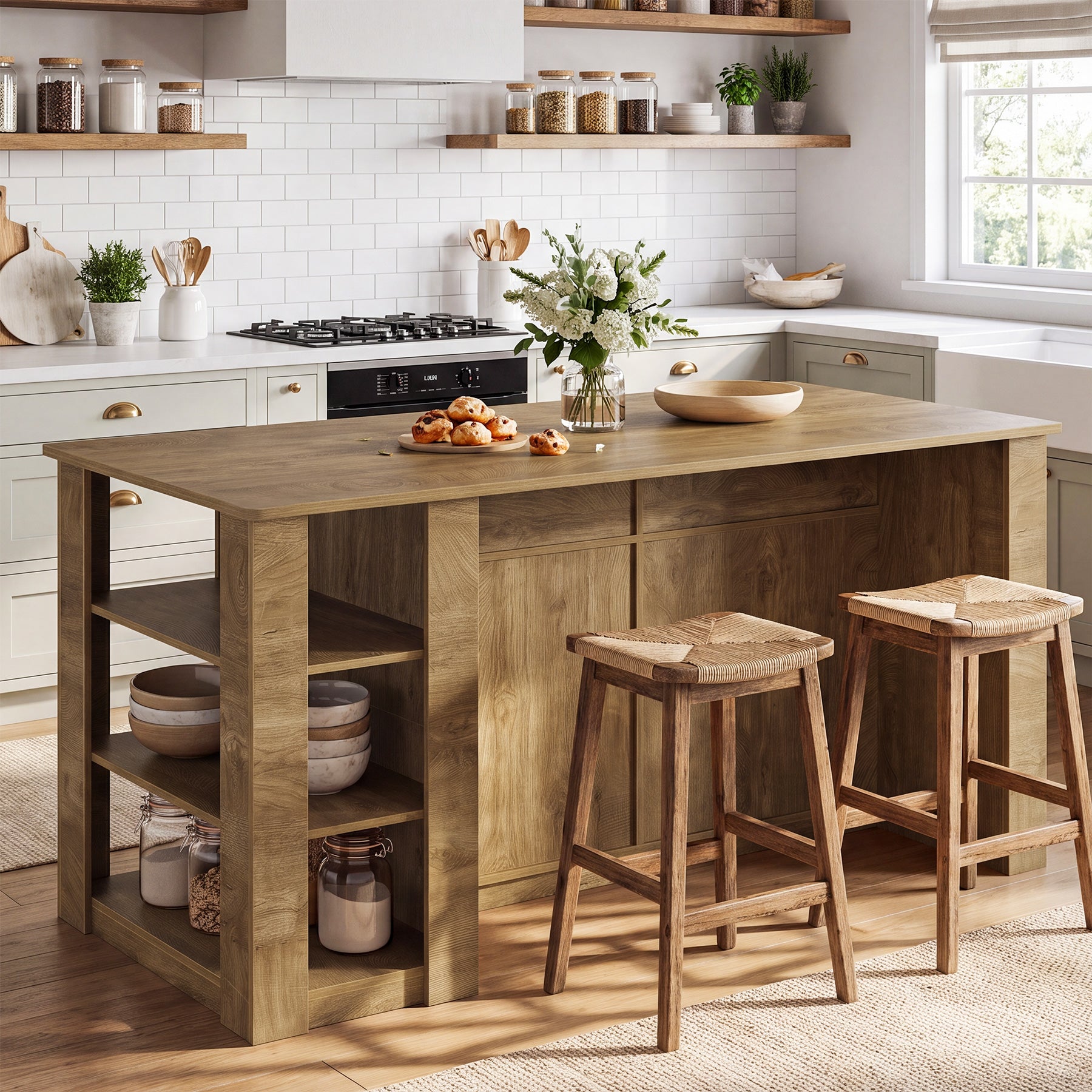 71" Large Kitchen Island with Storage & Seating, Farmhouse Island Table, Prep & Coffee Bar