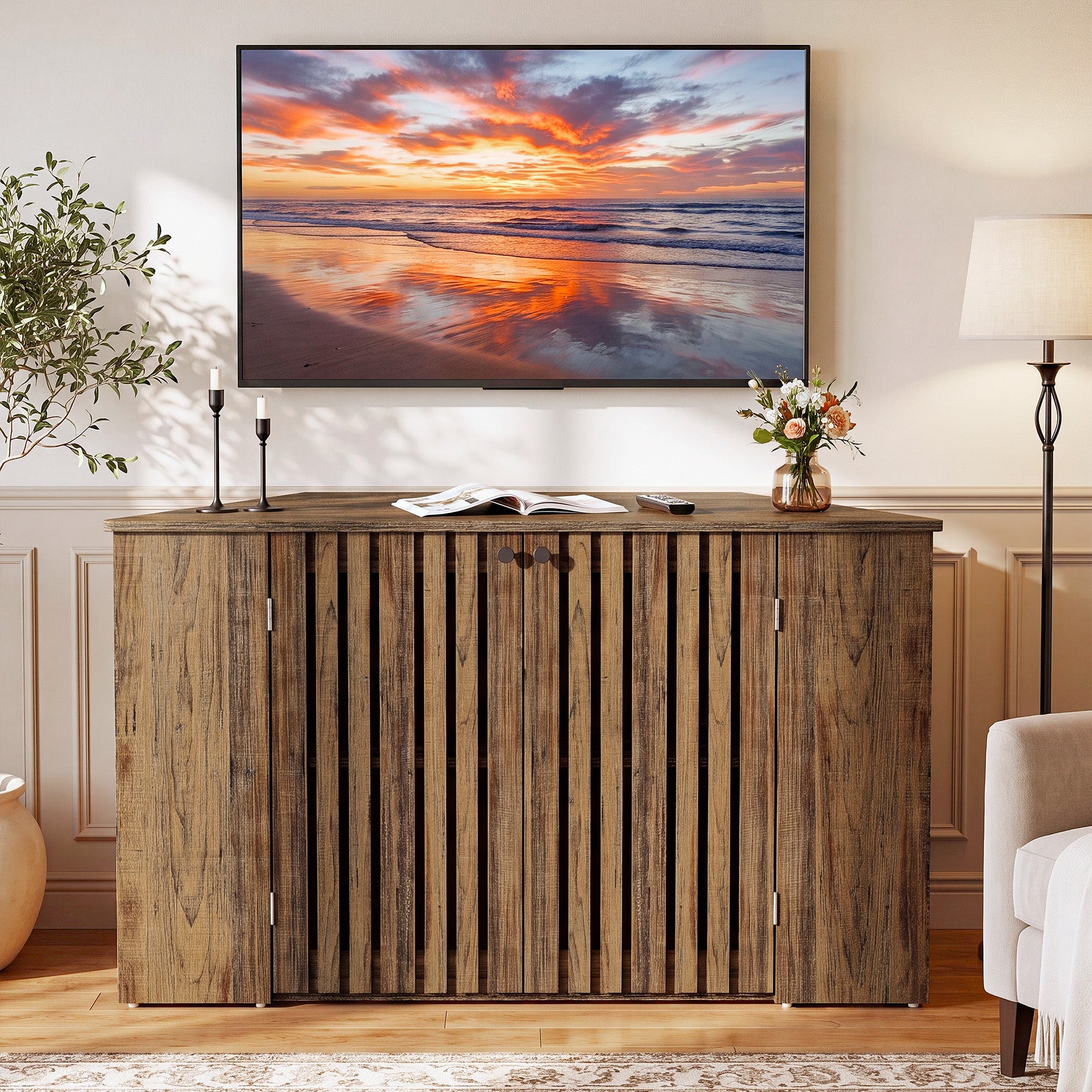 53" Farmhouse TV Stand with Cabinet, Entertainment Center for TVs up to 65"