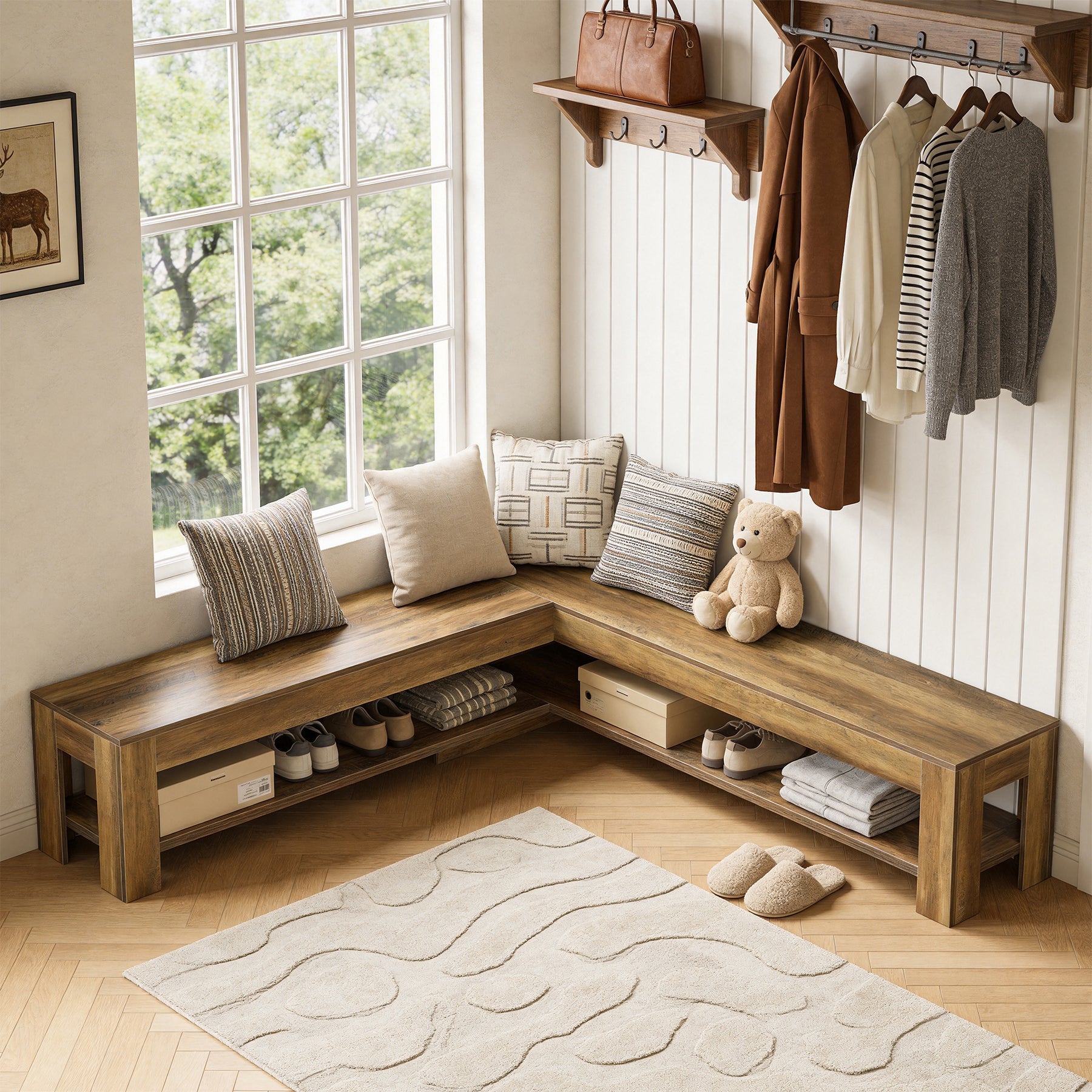 L-Shaped Bench, Corner Dining Nook Bench with Storage Shelf for Kitchen, Living Room
