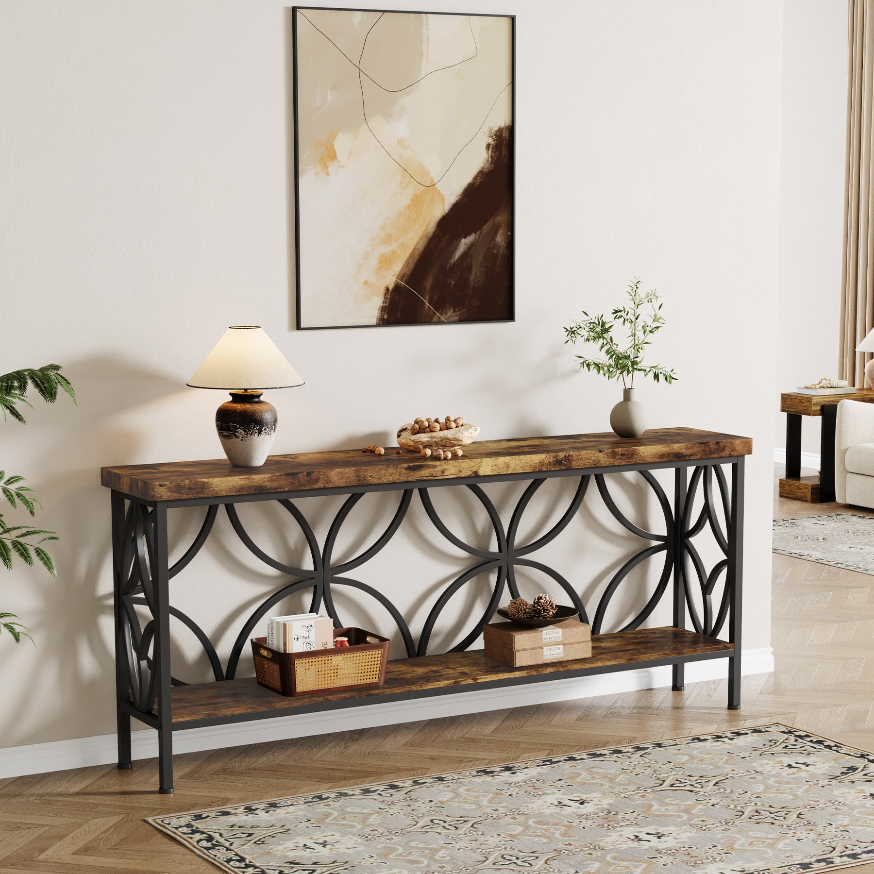 70.9" Sofa Table, 2-Tier Industrial Console Table Behind Couch
