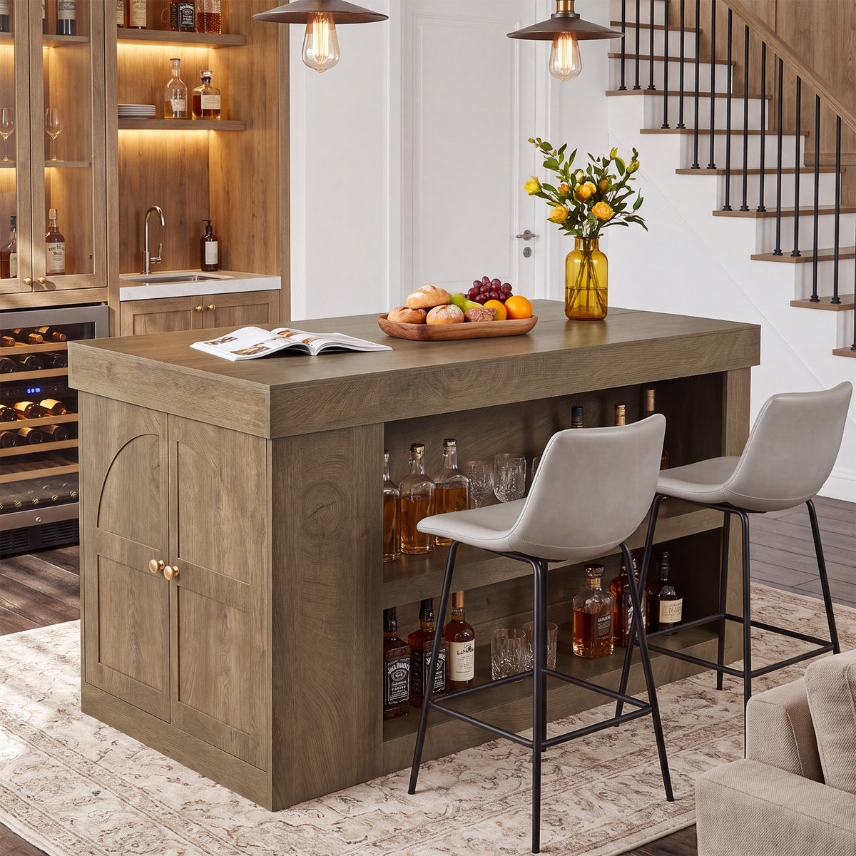 63" Bar Table with Storage, 3-Tier Counter Height Pub Table with Shelf & Cabinet