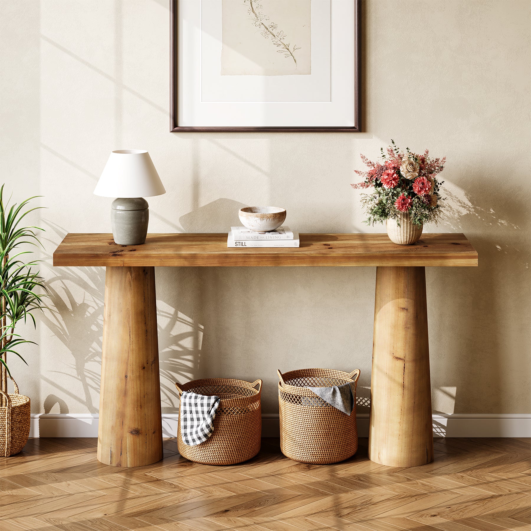 63" Solid Wood Console Table, Farmhouse Entryway Table with Cylindrical Legs