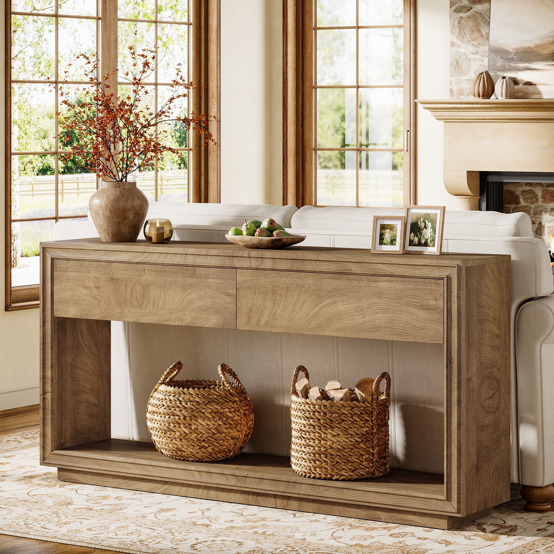 63" Farmhouse Console Table with 2 Drawers and Shelf, Wooden Entryway Sofa Table for Hallway, Foyer, or Behind Couch